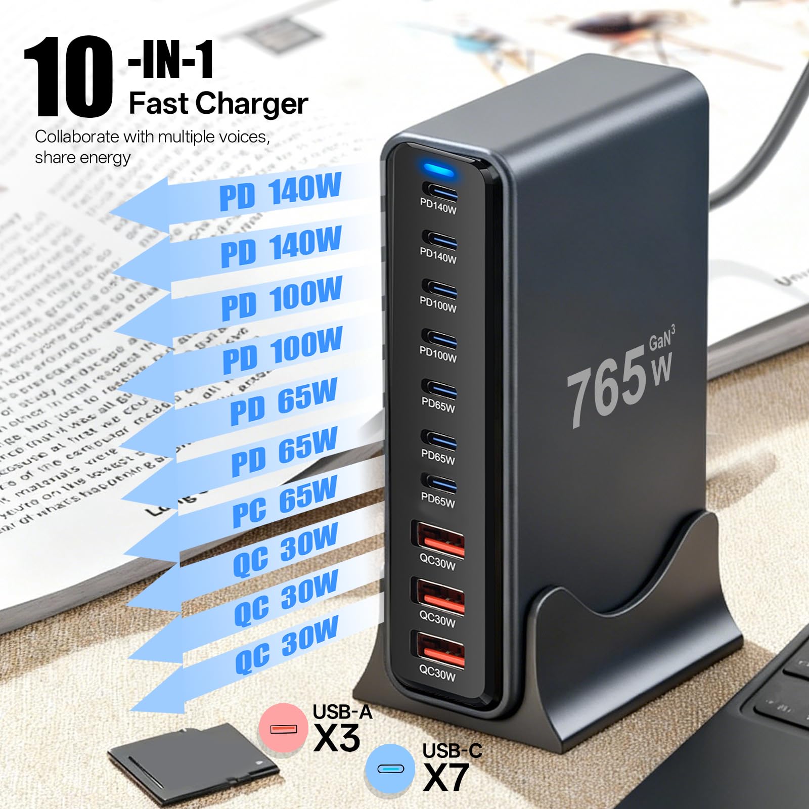 765W Stazione di Ricarica USB, Caricatore USB Multiplo PD per dispositivi da 140 W 100W e 65W, Caricabatterie Multiplo con 10 porte compatibile con MacBook, iPad, iPhone 16/15/14, DELL, HP