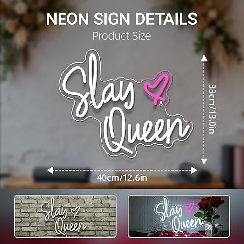 Miniatura 4 de Slay Queen - Letrero de neón LED blanco y rosa para decoración de pared, luz de neón USB para dormitorio, niña, estética, decoración de dormitorio,