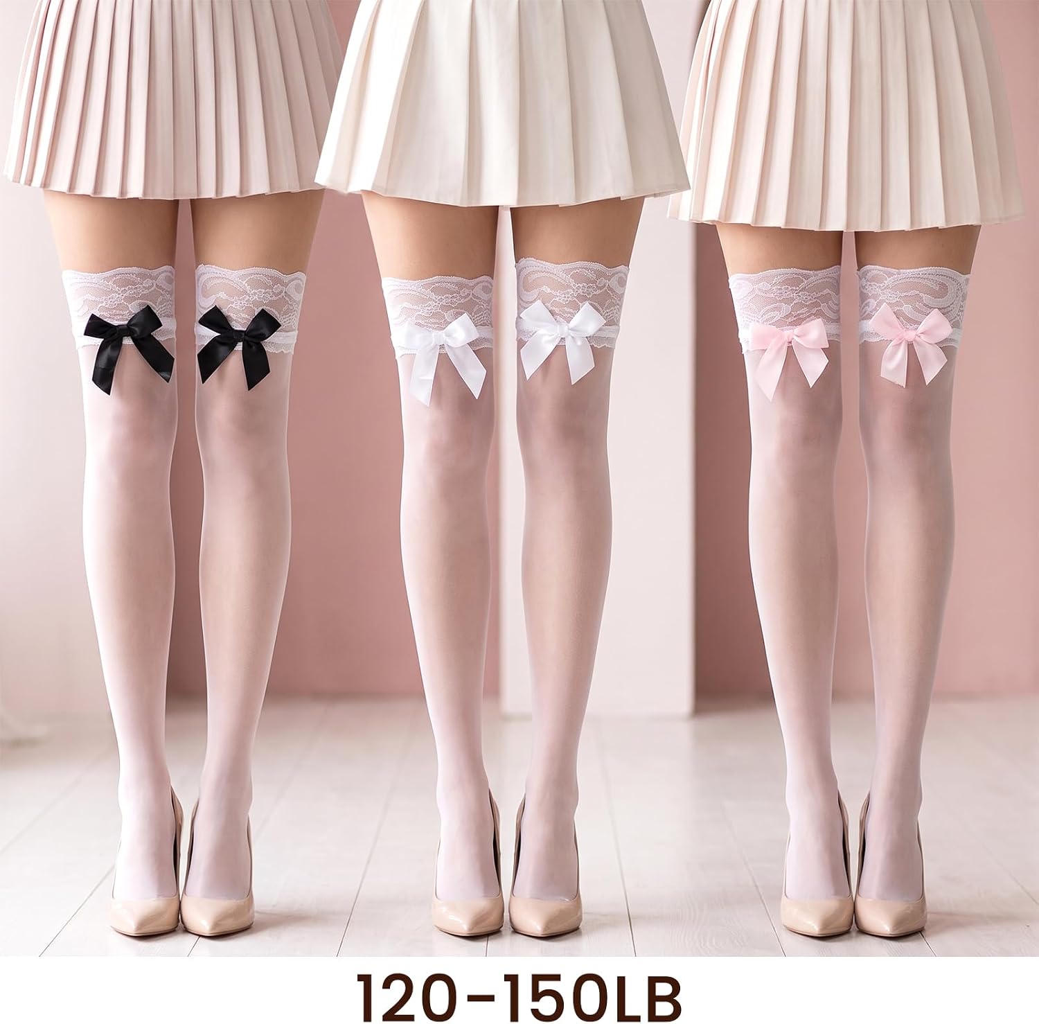 3 Pairs Lace Knee High Sock - Breathable Bow Thigh High Stockings