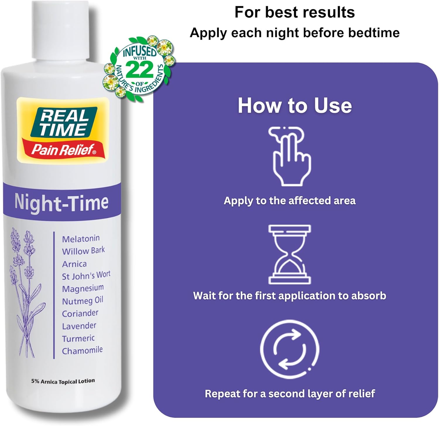 Real Time Pain Relief Night Time Cream 12oz Bottle - 22 Natural Ingredients: 5% Arnica, Melatonin & Lavender - Aids Sleep & Eases Discomfort in Joint, Muscle, Nerves, Back Ache, Bruises & Body Tension