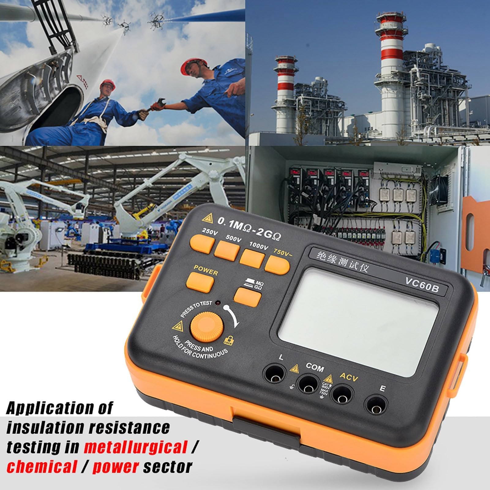 Cyfrowy miernik rezystancji izolacji VC60B, miernik wysokiego napięcia 250 V/500 V/1000 V, zakres pomiarowy 0,1 MΩ-2GΩ, wyświetlacz LCD z podświetleniem