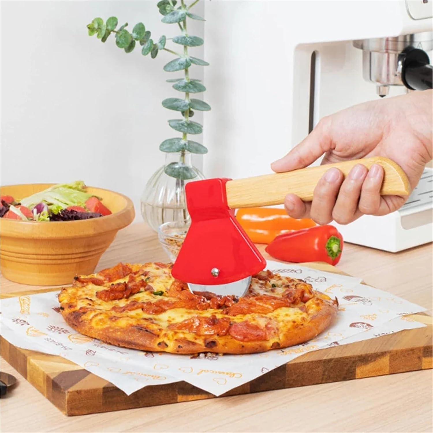 Pizza Cutter Wheel with Bamboo Handle Stainless Steel Axe Shaped Slicer Kitchen Accessories(Black -1)