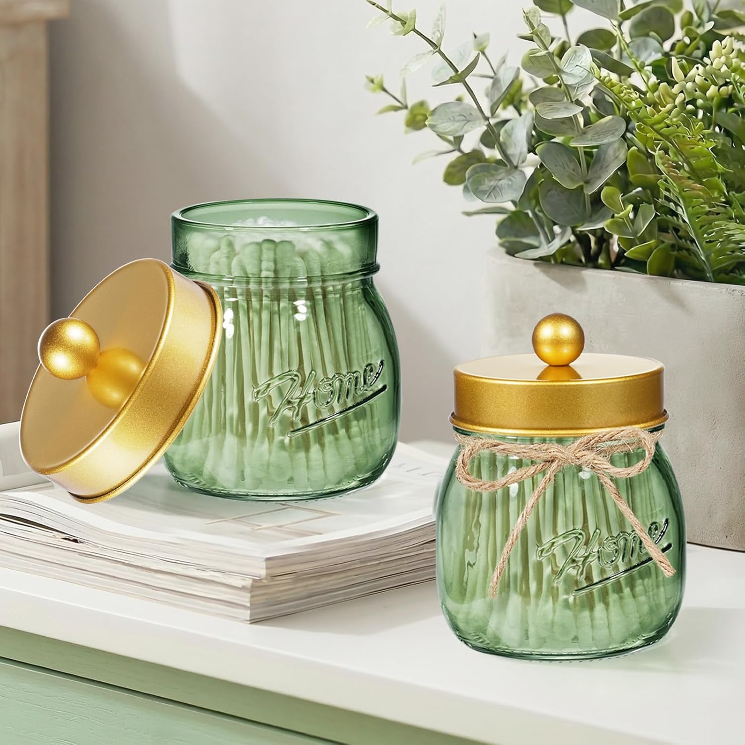 SheeChung 6 Pack Mason Jar Bathroom Accessories Set, Soap Dispenser and Toothbrush Holder Set & 3Pcs Small Glass Jars, Green Qtip Holder Dispenser, Bathroom Organizers and Storage