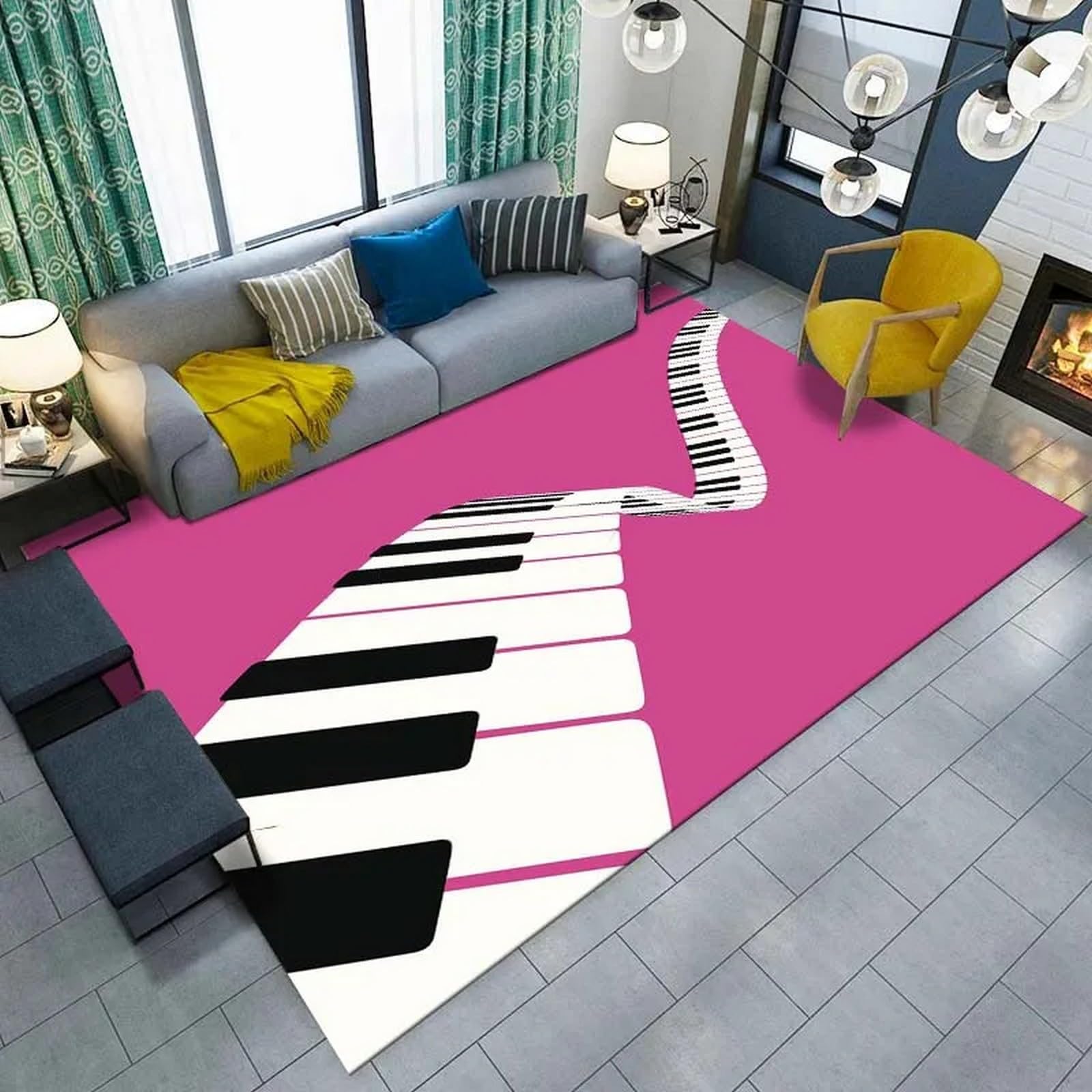 Tapis de salon grand moderne antidérapant avec motif touches de piano 3D pour grand bureau