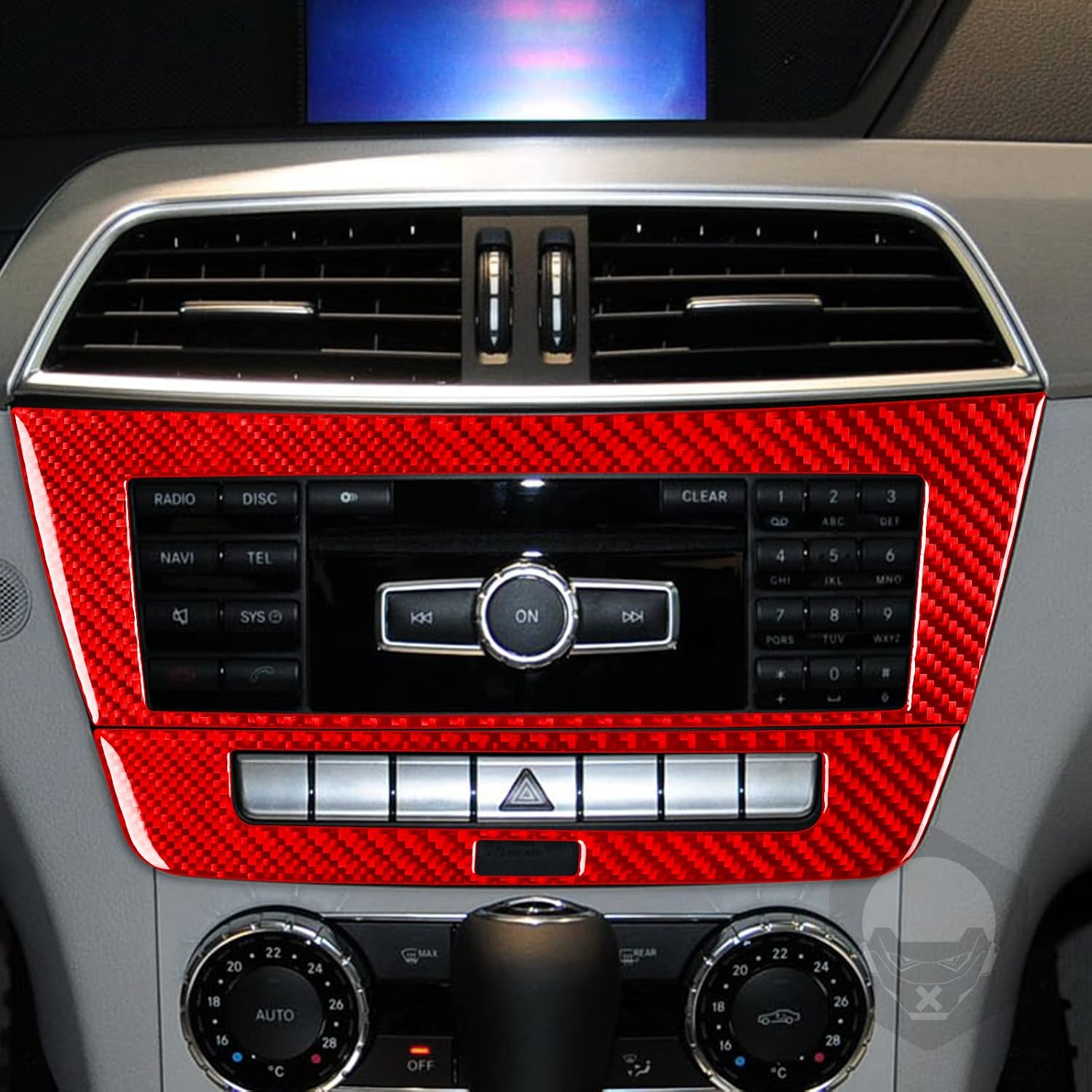 Carbon Fiber PC Vinyl Cover Trim Sticker Accessories Decoration Compatible with Mercedes-Benz C-Class W204 Sedan from 2012 to 2014 (Dashboard Media Control Panel 09, Red)