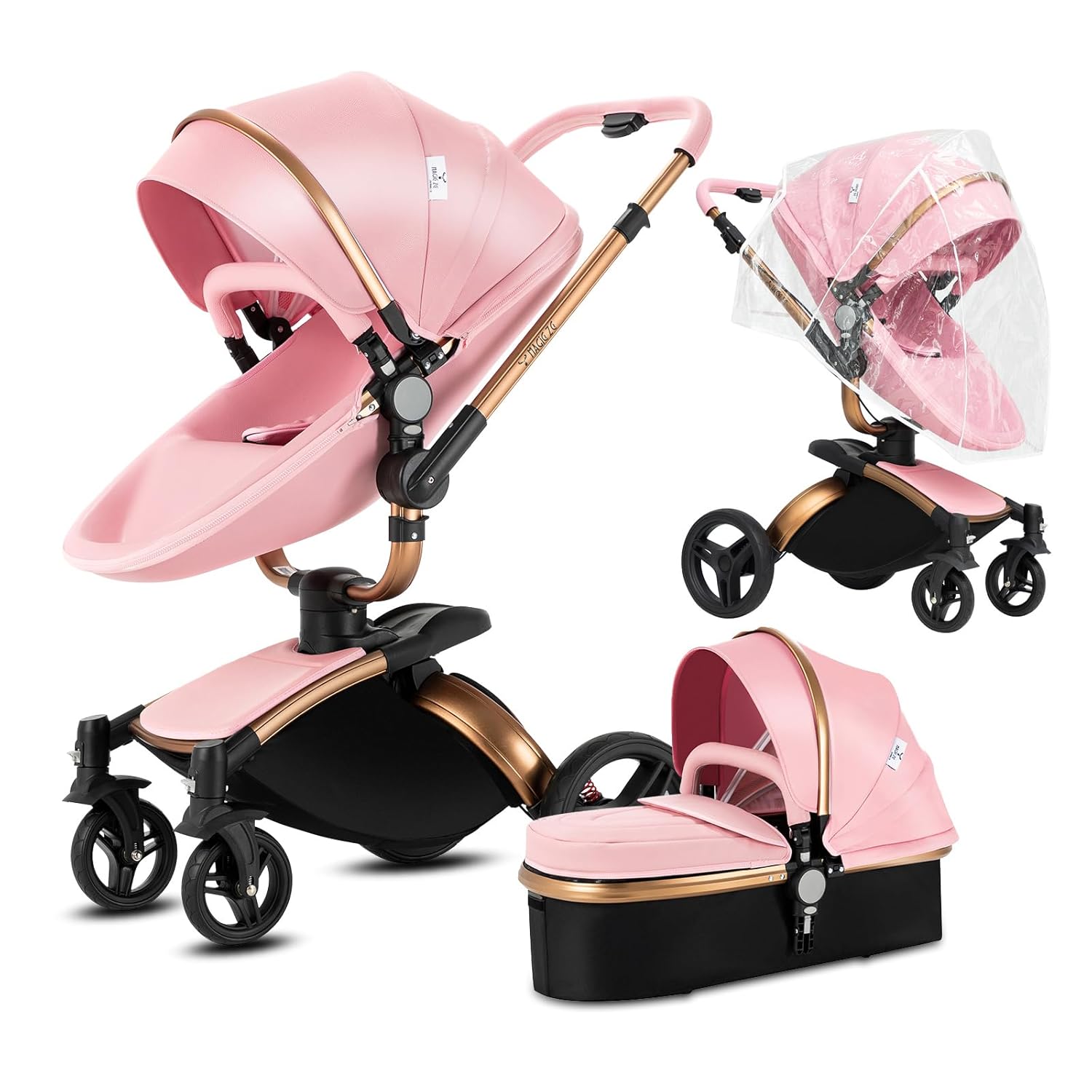 PU Leather 2 in 1 Baby Stroller, Reversible Infant Stroller, Convertible Newborn Travel Carriage with One-Click Folding, Toddler Pram Carriage (HR005-Pink)