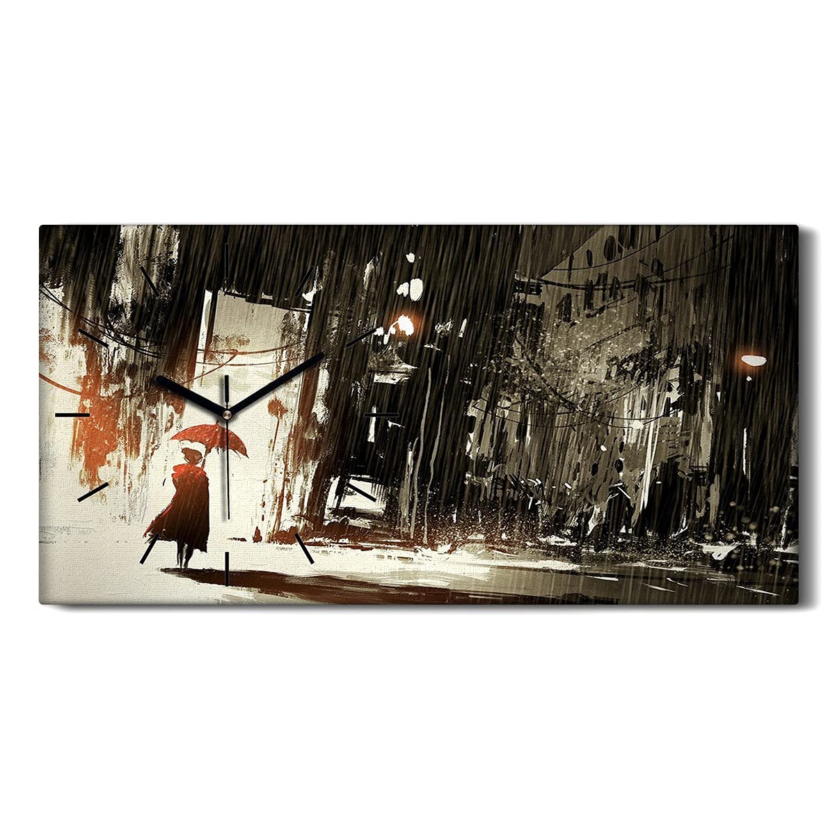 Horloge sur Toile Salon Chambre Moderne Tableau Ville sous la Pluie 60x30
