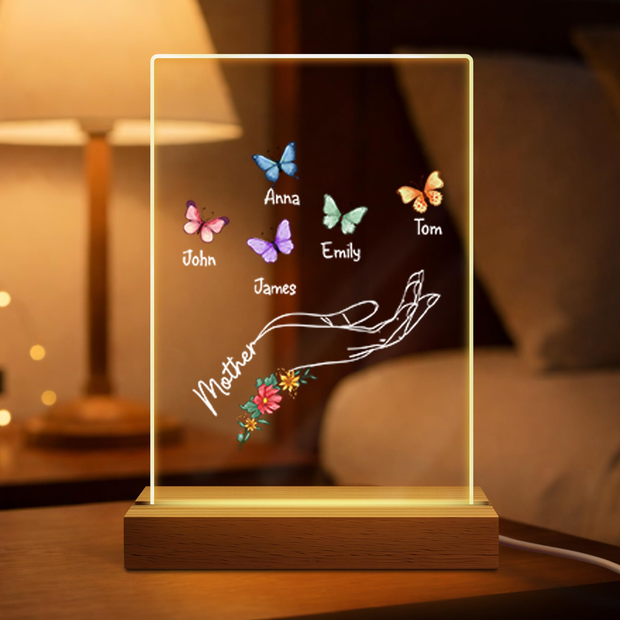 Personal Chic Custom Name Night Light -Acrylic Lamp with Butterfly, Personalised Mothers Day Gifts, Unique Personalised Gifts for Mum and Grandma (5 Kids)