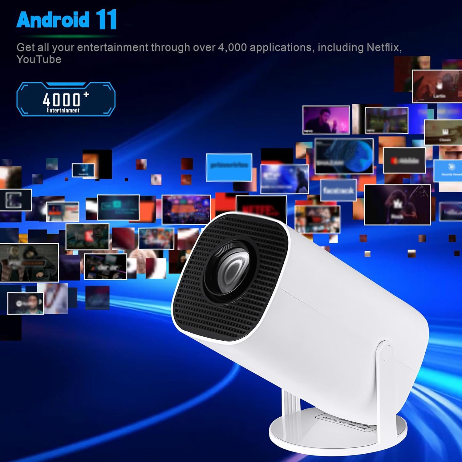 Mini Proiettore Portatile WiFi+BT5 HD Android11, Proiettore Soffitto Correzione automatica Direzione Verticale, Dimensione di proiezione 40~150 In Regolazione Dell'angolo Multiplo di 180°