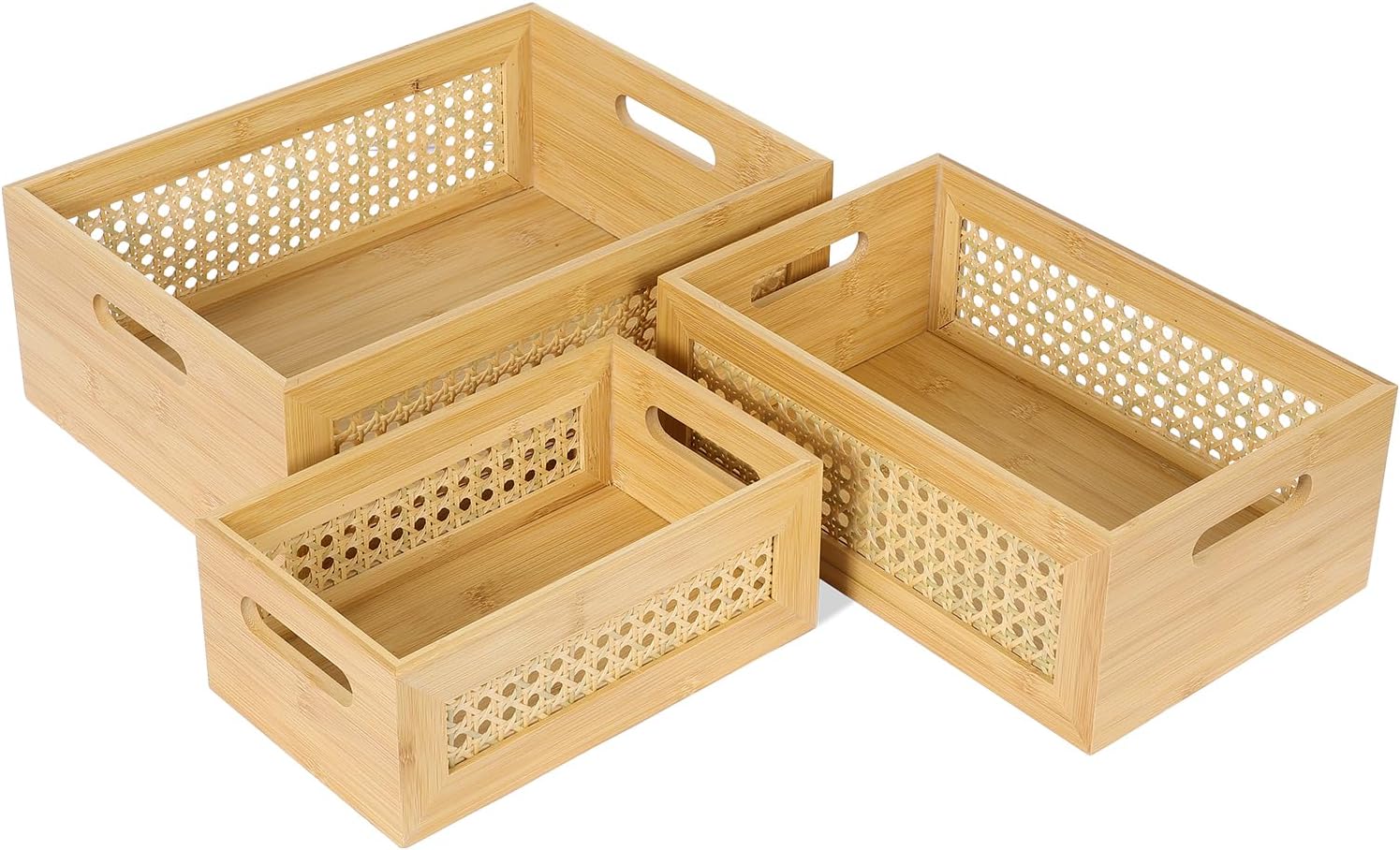 ANMINY Rattan Storage Basket Set of 3 Natural Bamboo Wooden Baskets with Handles Desktop Decorative Wicker Storage Basket Wood Nesting Crates Home Sundry Office Drawer Shelf Organizer