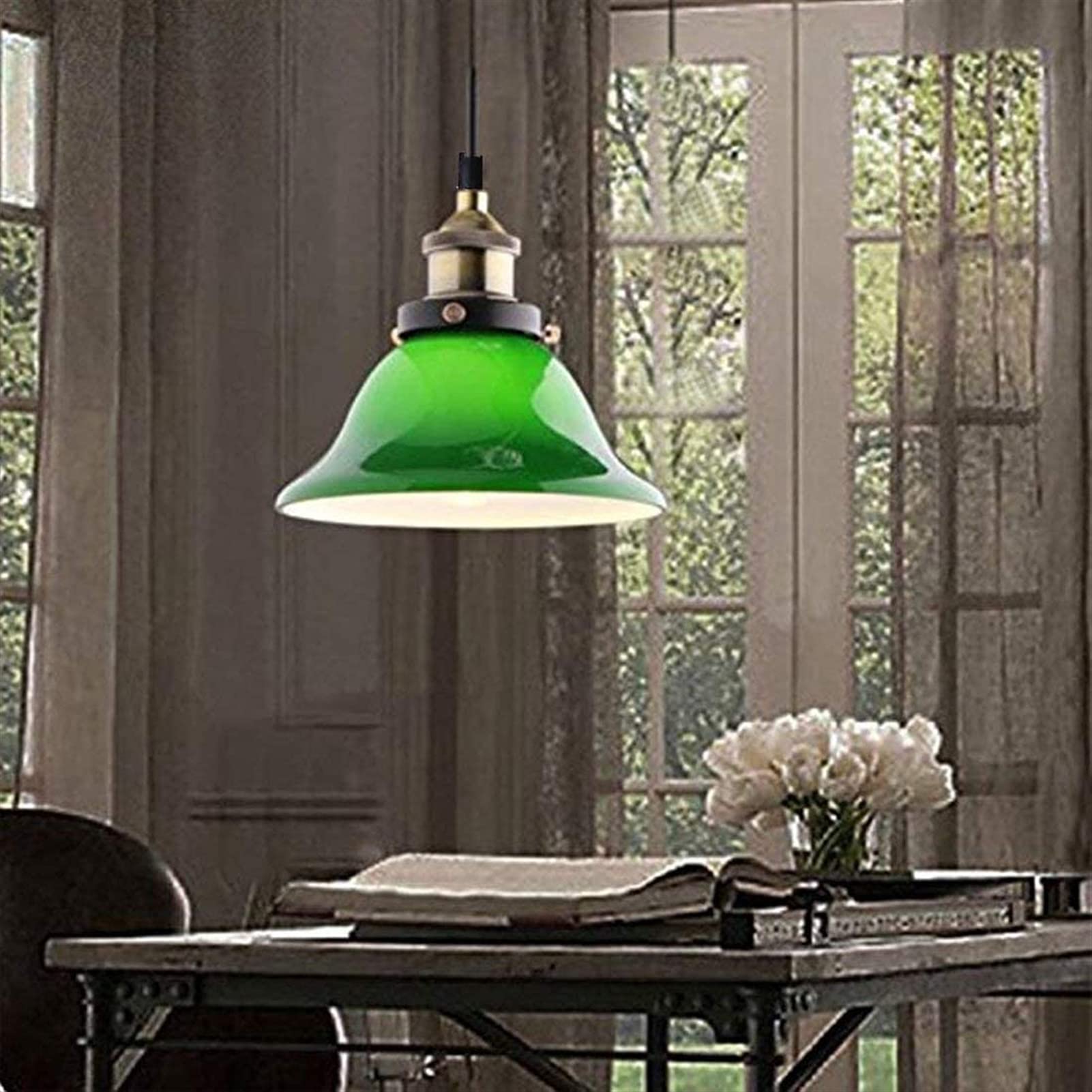 LCCUU Lampade in vetro verde Lampadario semicircolare Decor Lampada a sospensione con estremità aperta Grandi lampade a sospensione in stile minimalista Lampade a sospensione per ristoranti