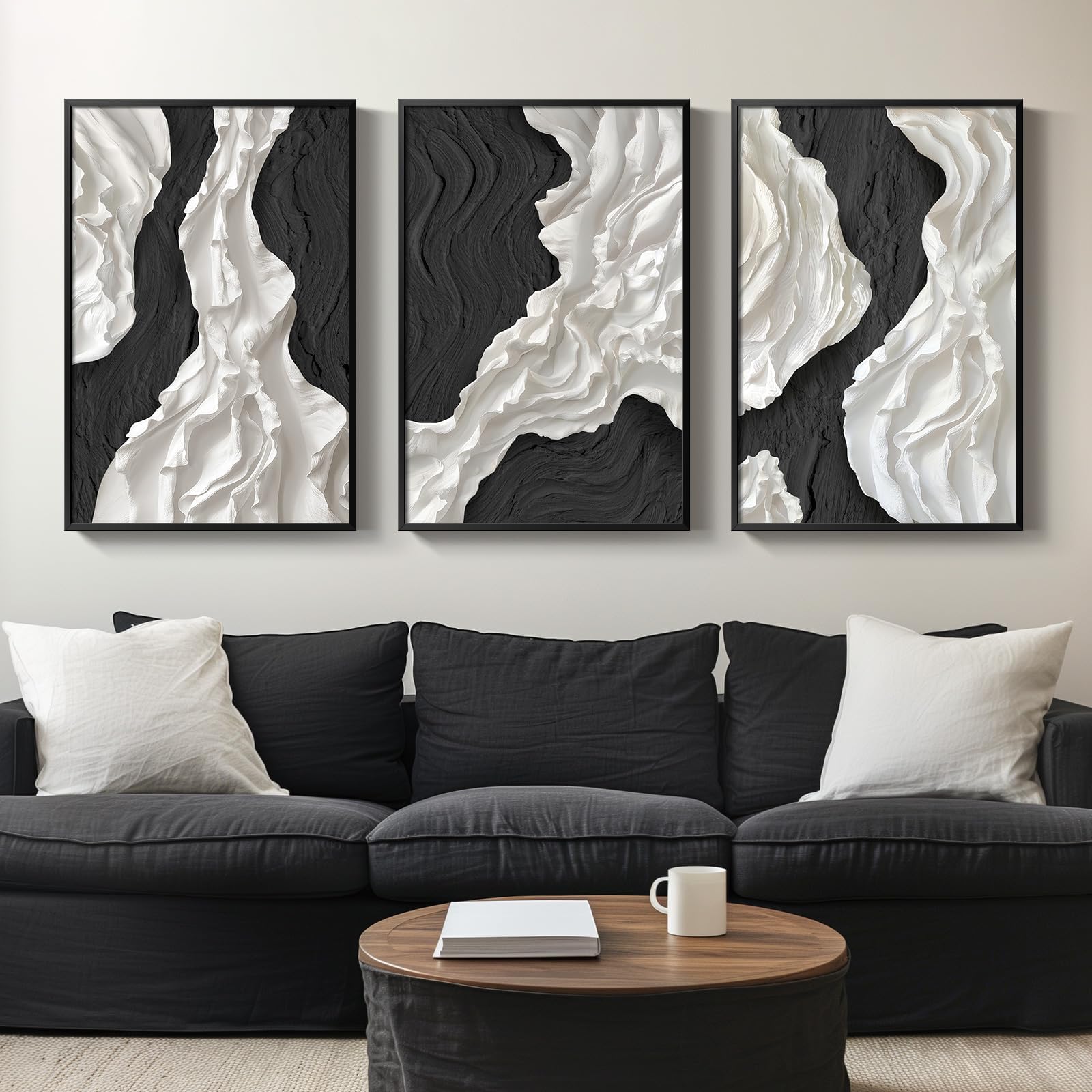 Large Framed Black and White Abstract Wall Art for Living Room, 3 Piece Canvas Prints Paintings Artwork for Walls, Modern Minimalist Pictures for Hallway, Office Wall Decor 24x36 Inch