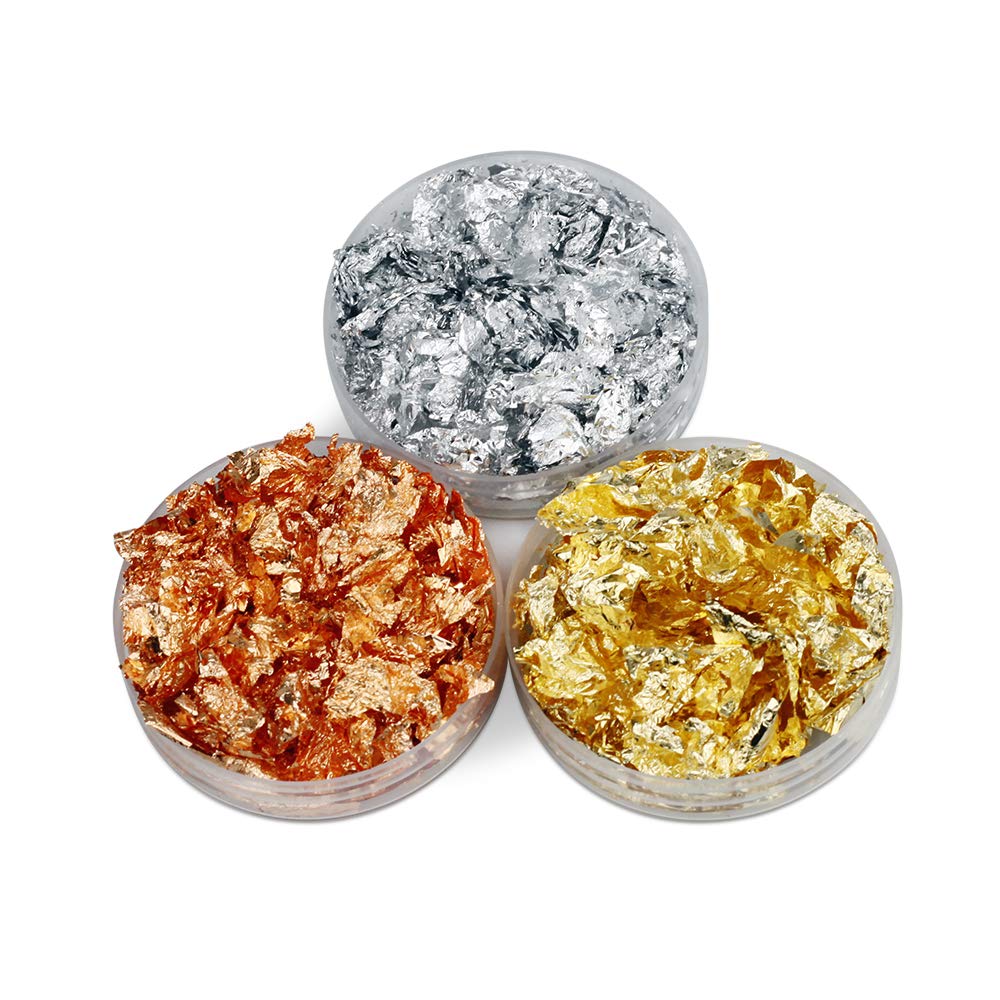 Wsdart Gilding Flakes Set - 15 Grams Color 2.5 Imitation Gold, Silver, Color 0 Real Copper Schabin Flakes, 3 Bottles Metallic Foil Flakes for Resin Art, Painting and Crafts, Nail Art 2