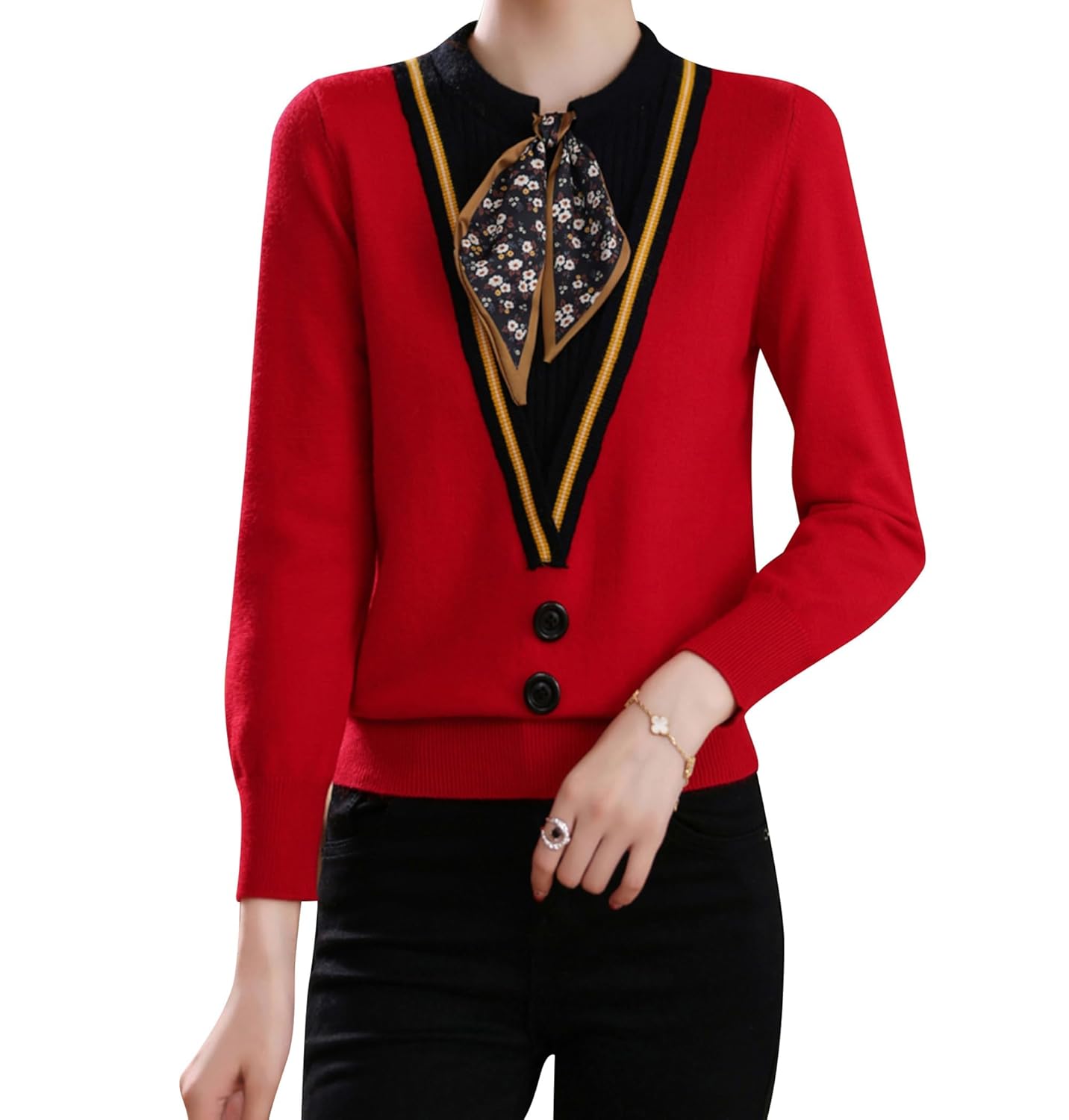 LAI MENG FIVE CATS Womens Fall Tie Neck Sweater Shirt Long Sleeve Patchwork Knit Retro Pullover Tops