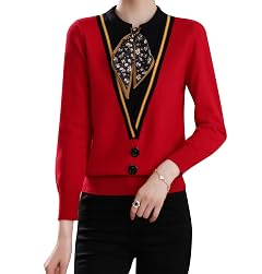 LAI MENG FIVE CATS Womens Fall Tie Neck Sweater Shirt Long Sleeve Patchwork Knit Retro Pullover Tops