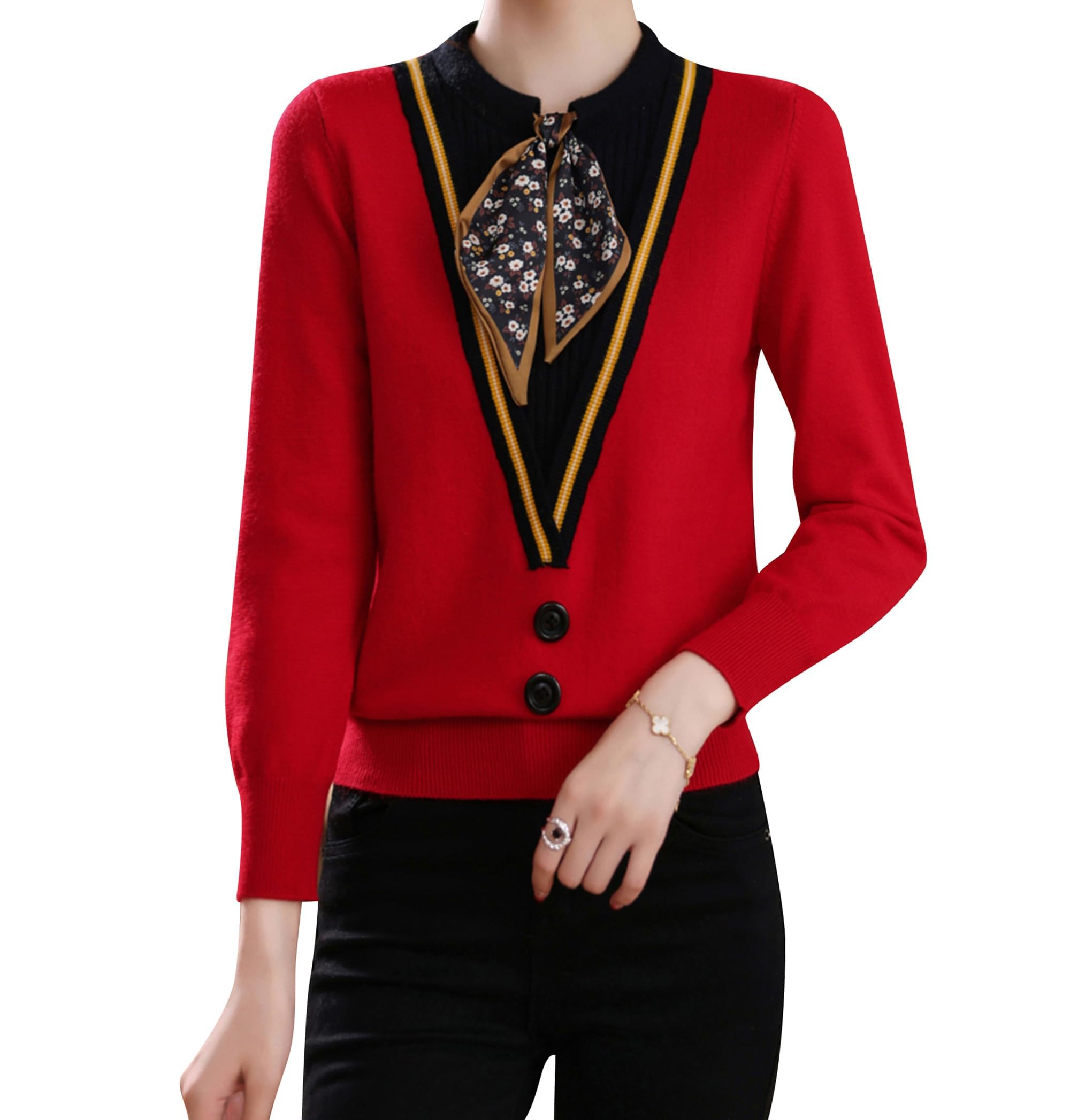 LAI MENG FIVE CATS Womens Fall Tie Neck Sweater Shirt Long Sleeve Patchwork Knit Retro Pullover Tops