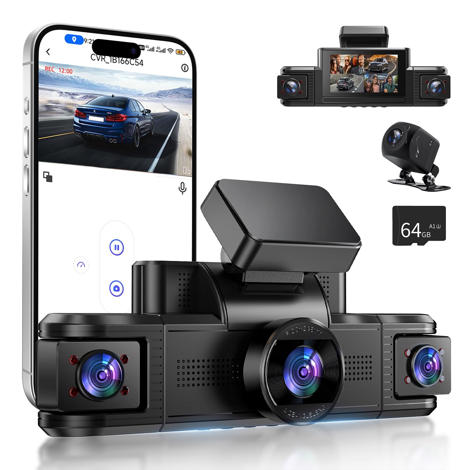 4 Channel Dash Cam 360° View, Front and Rear Inside Left Right, 2K Dash Camera for Cars, Built-in 5G WiFi & APP Control, Night Vision, G-Sensor, 24/7 Recording Parking Mode, with 64GB SD Card