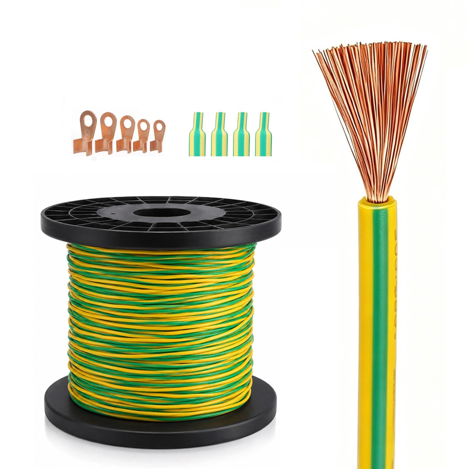 Cable De Tierra Verde Amarillo Cobre Flexible Para Puesta A Tierra Solar FV | Cubierta PVC Retardante de Llama, Cobre OFC Flexible, Solar FV, Inversor, Puesta a Tierra(100ft,18AWG(0.75MM2))