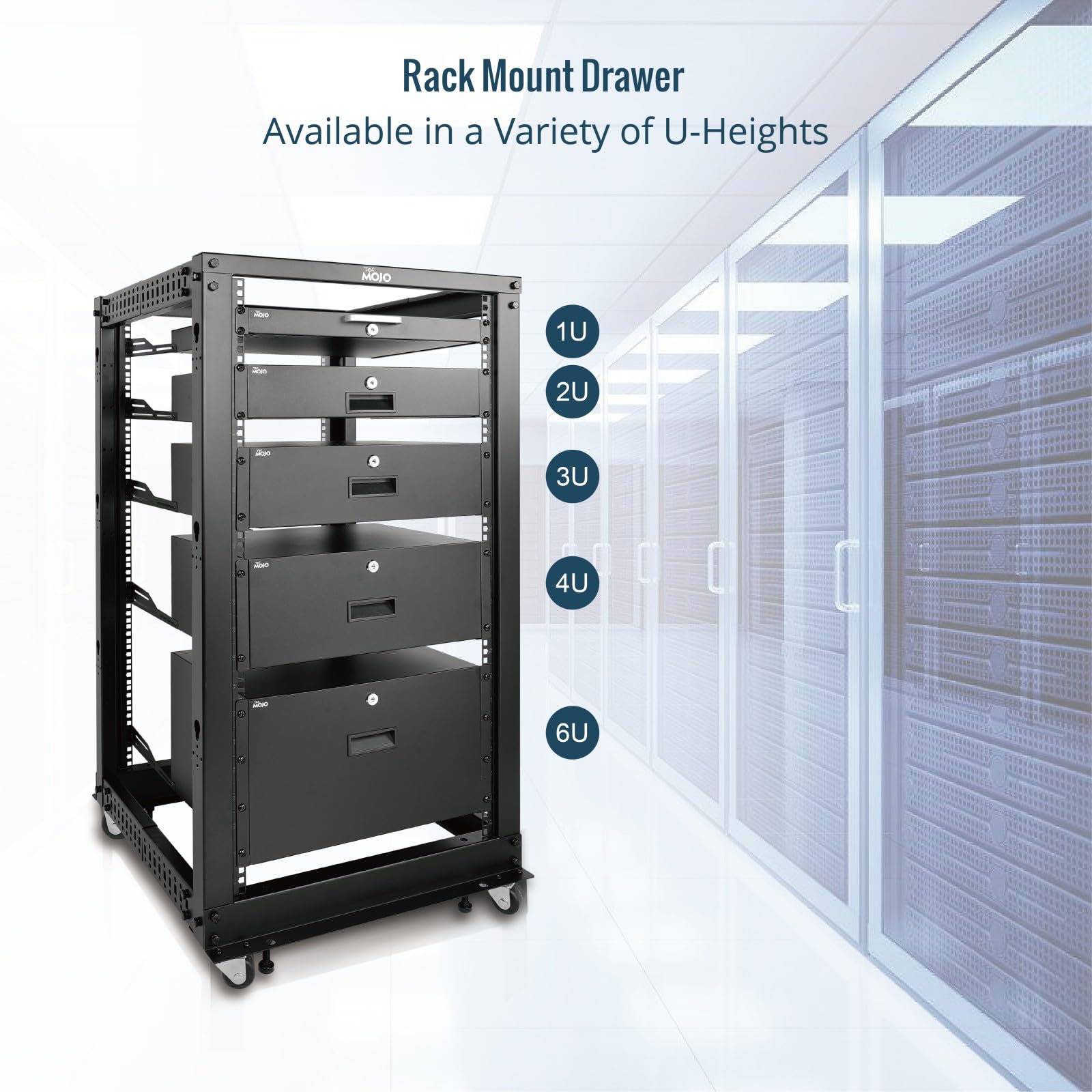 Tecmojo 2U Tiroir Rack, pour Armoires 19 Pouces, Verrouillable avec Support Arrière, Capacité de Charge 10kg, Ouvertures pour Gestion des Câbles, Noir