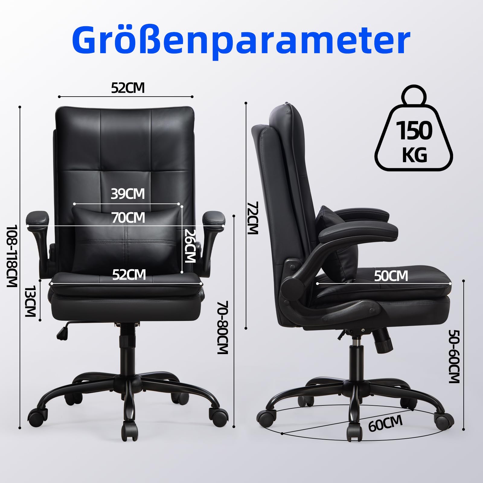 Bürostuhl Ergonomisch [TESTSIEGER] Schreibtischstuhl | Kratzfeste Leder | Hochklappbare Armlehne & Hohe Rückenlehne | Höhenverstellbar & Wippfunktion | Chefsessel 150 kg, Schwarz