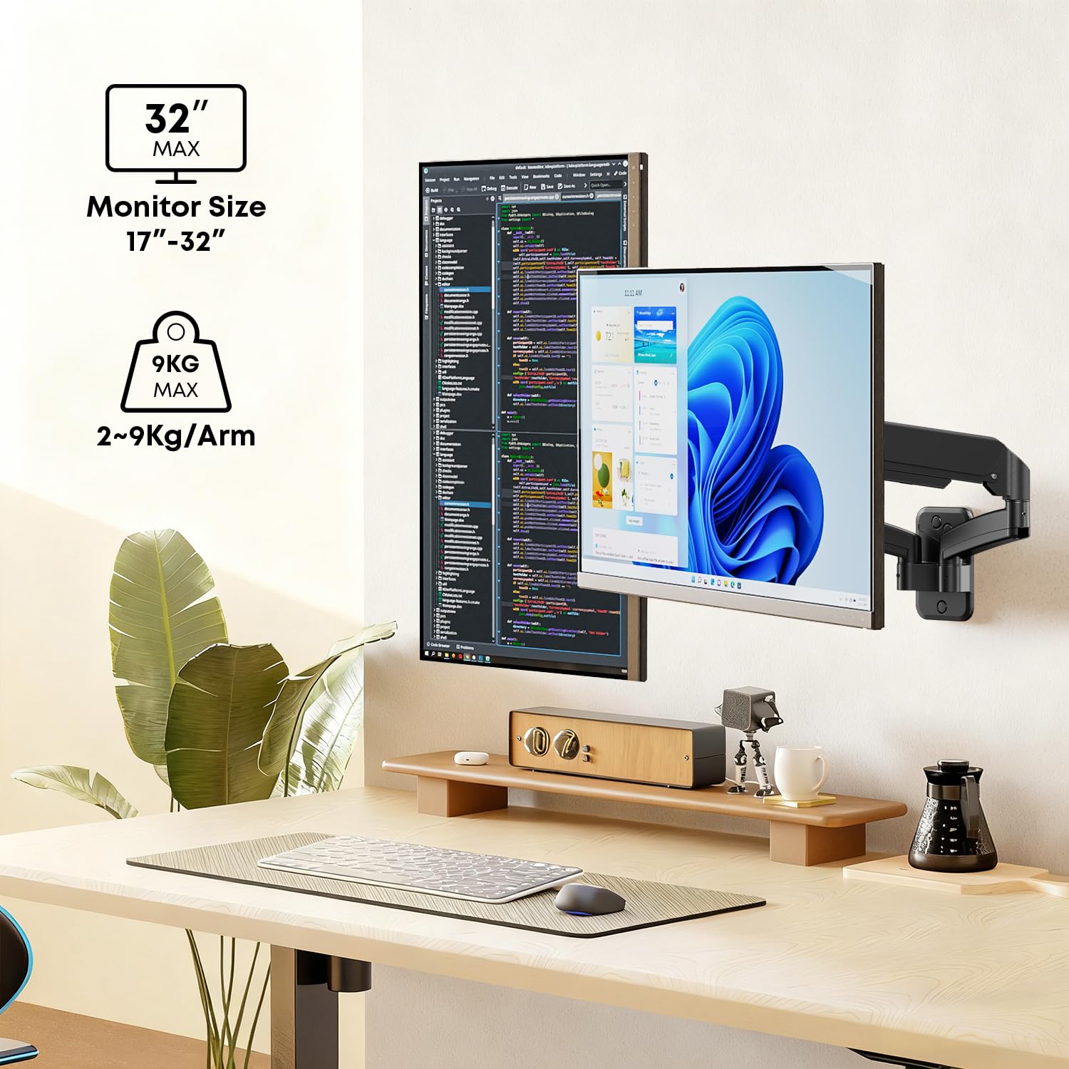 Soporte de Pared para 2 Monitores 17-32 Pulgadas, 9 kg/Brazo, VESA 75x75/100x100, Ajustable en Altura