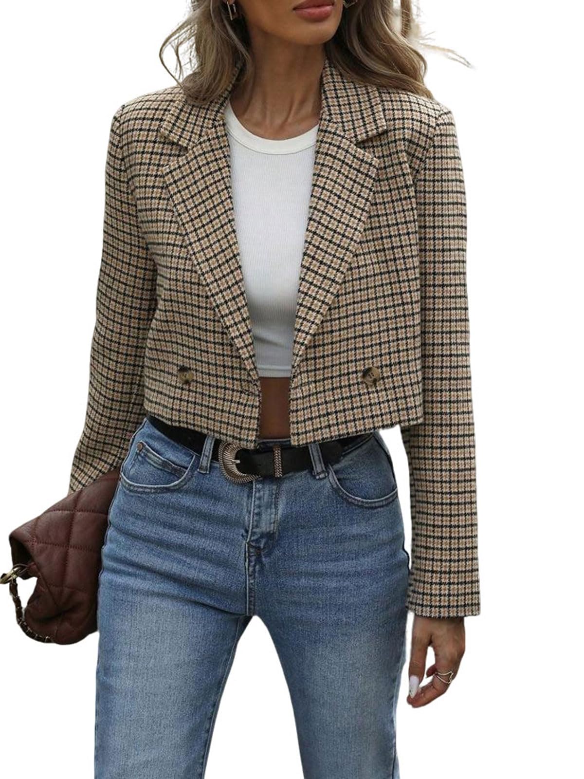 utcoco Womens Plaid Cropped Blazer Casual Lapel Collar Long Sleeve Double Breasted Vintage Suit Jacket
