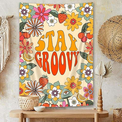 Tapiz estético hippie floral pequeño, retro, vintage, años 70, psicodélico, bohemio, decoración de habitación para niñas y mujeres, cita inspiradora
