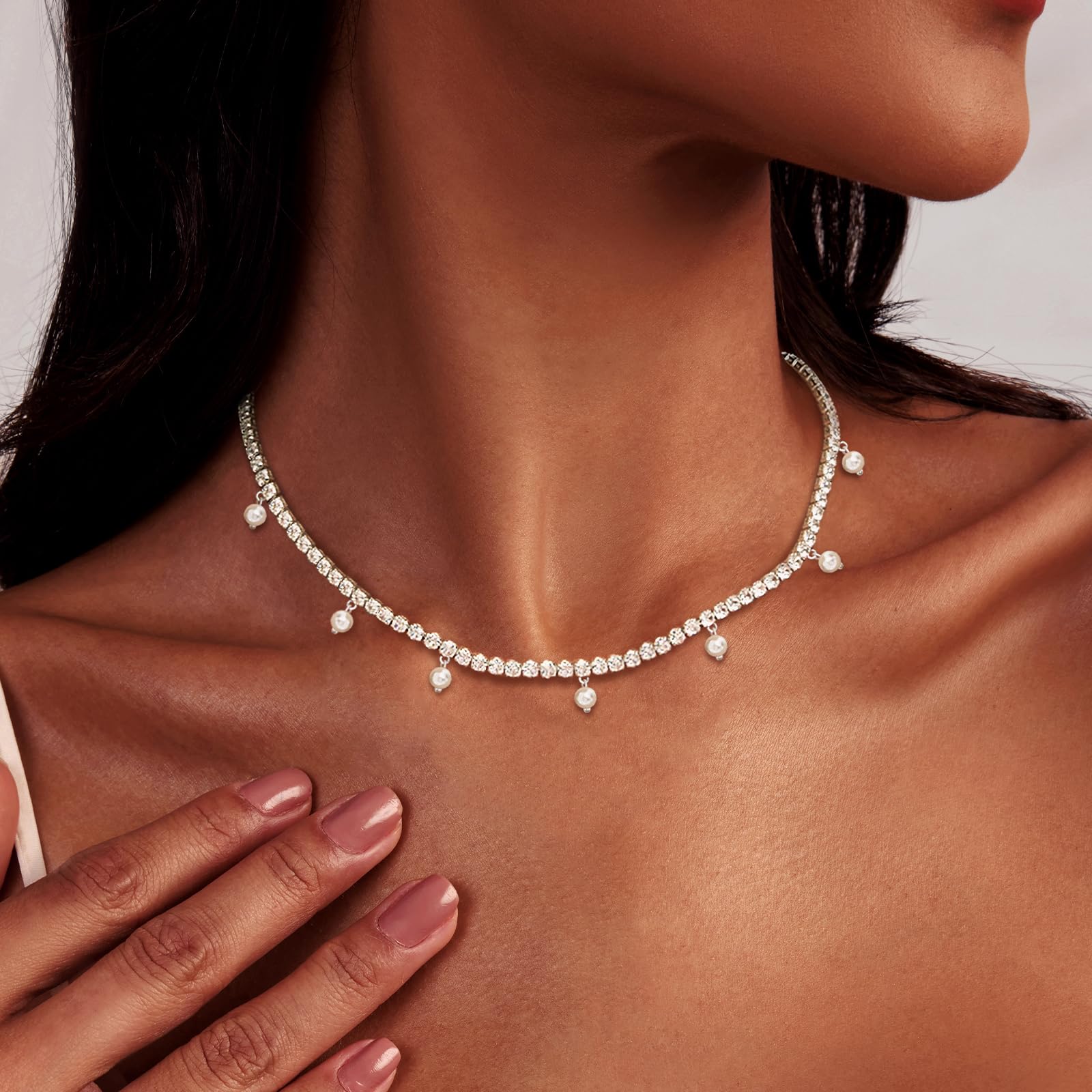 Luxval Tennis Necklace 14K Gold Plated Rhinestone Butterfly Choker Necklaces for women Dainty Zirconia Cut Faux Diamond chain 3mm: Silver-Pearl dangle tennis