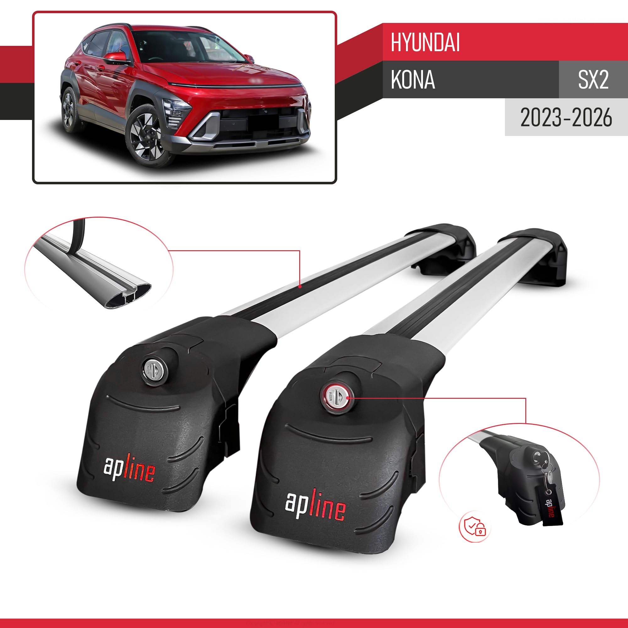 Compatibile con Hyundai Kona (SX2) 2023-2026 Modello ACE-2 Barre Tetto Portapacchi Auto Barre Portatutto Grigio Alluminio 2 Barre