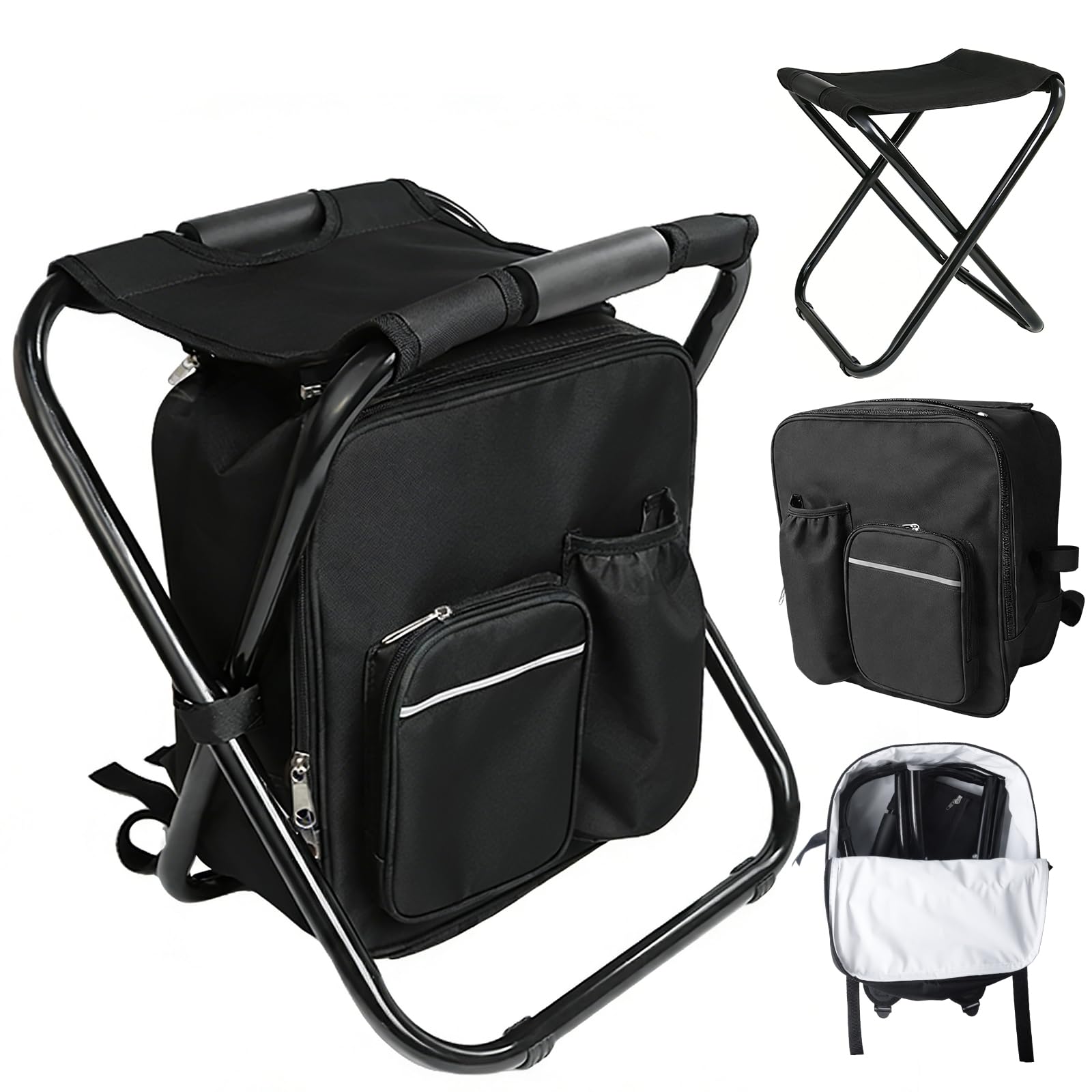 Storystore Foldable Camping Chair Stool Backpack with Cooler Insulated Picnic Bag, Detachable Portable Hiking Seat Table Bag for Outdoor Indoor Fishing Travel Beach BBQ (Black)