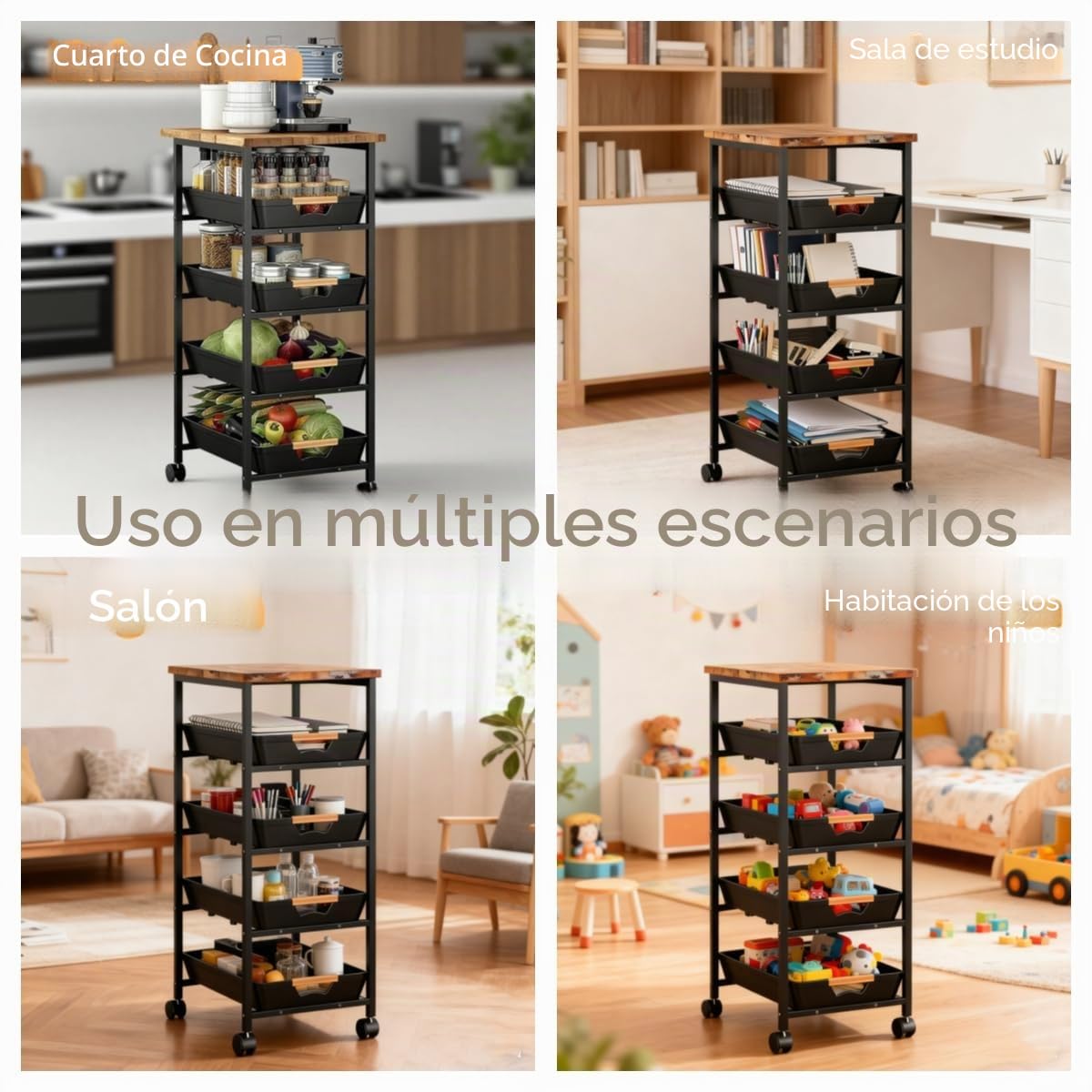 Carrito utilitario rodante de 5 niveles con parte superior y cajones de madera, organizador de almacenamiento con marco de metal con ruedas para cocina, baño, sala de estar, oficina