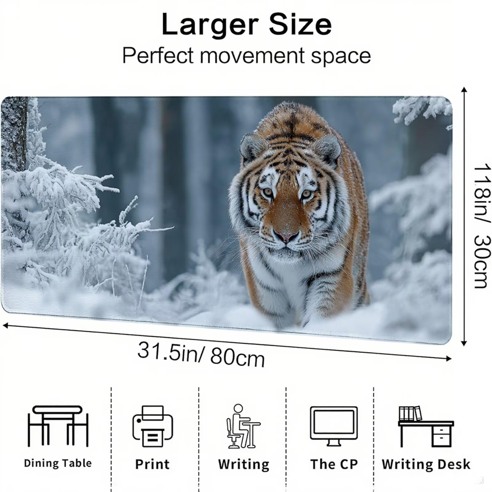 Biała podkładka pod mysz XXL 1200 x 600 x 3 mm tygrys pod rękę biurko akcesoria antypoślizgowa gumowa podstawa i szyte krawędzie podkładka pod mysz dla graczy do dekoracji biura dekoracyjnego