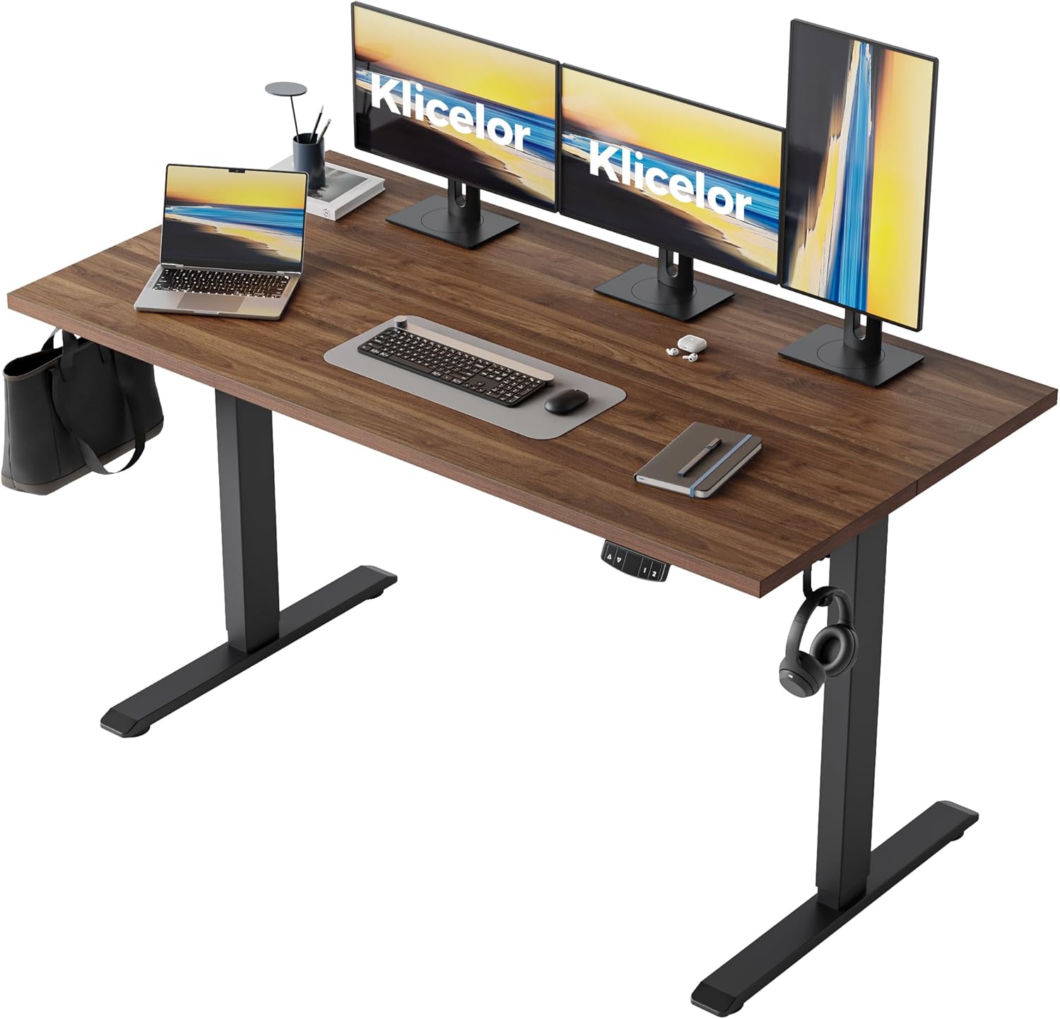 Klicelor 55 Inch Large Electric Standing Desk, Height Adjustable Office Desk, Sit Stand Up Computer Gaming Desk with Memory Preset, Two-Piece Desktop, Dark Walnut Dark Walnut 55 x 24 Inch