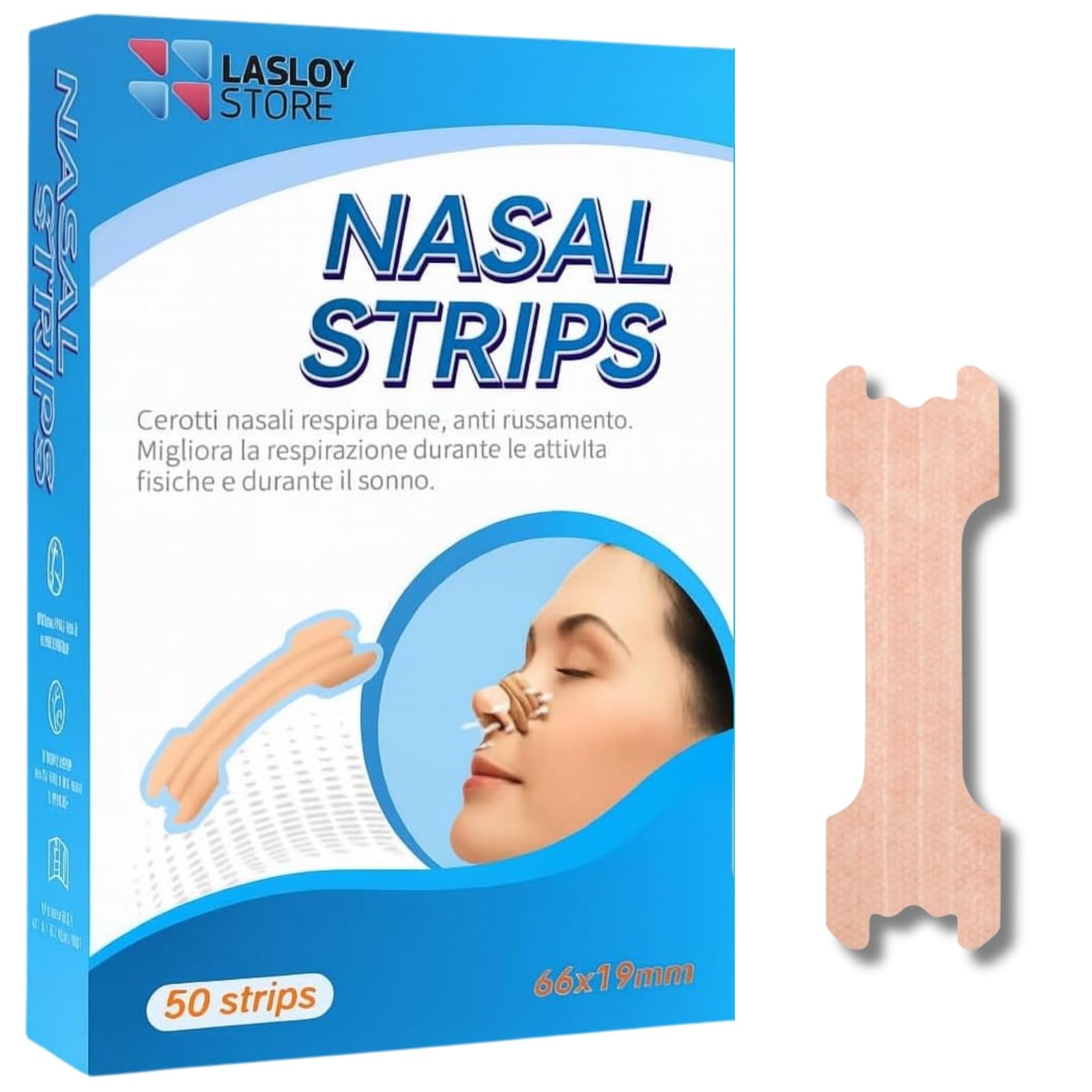 Cerotti Nasali, 50 pezzi Cerotti Nasali Antirussamento Facilita la respirazione, Riduce il Russare, Elimina la congestione nasale, Respira meglio durante l'attività fisica. Cerotti Nasali 66x19