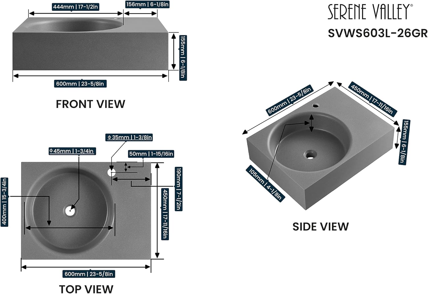 Serene Valley Bathroom Sink, Wall-Mount or On Countertop, 24" with Round Sink and Flat Space, Single Faucet Hole, Premium Granite Material in Gray