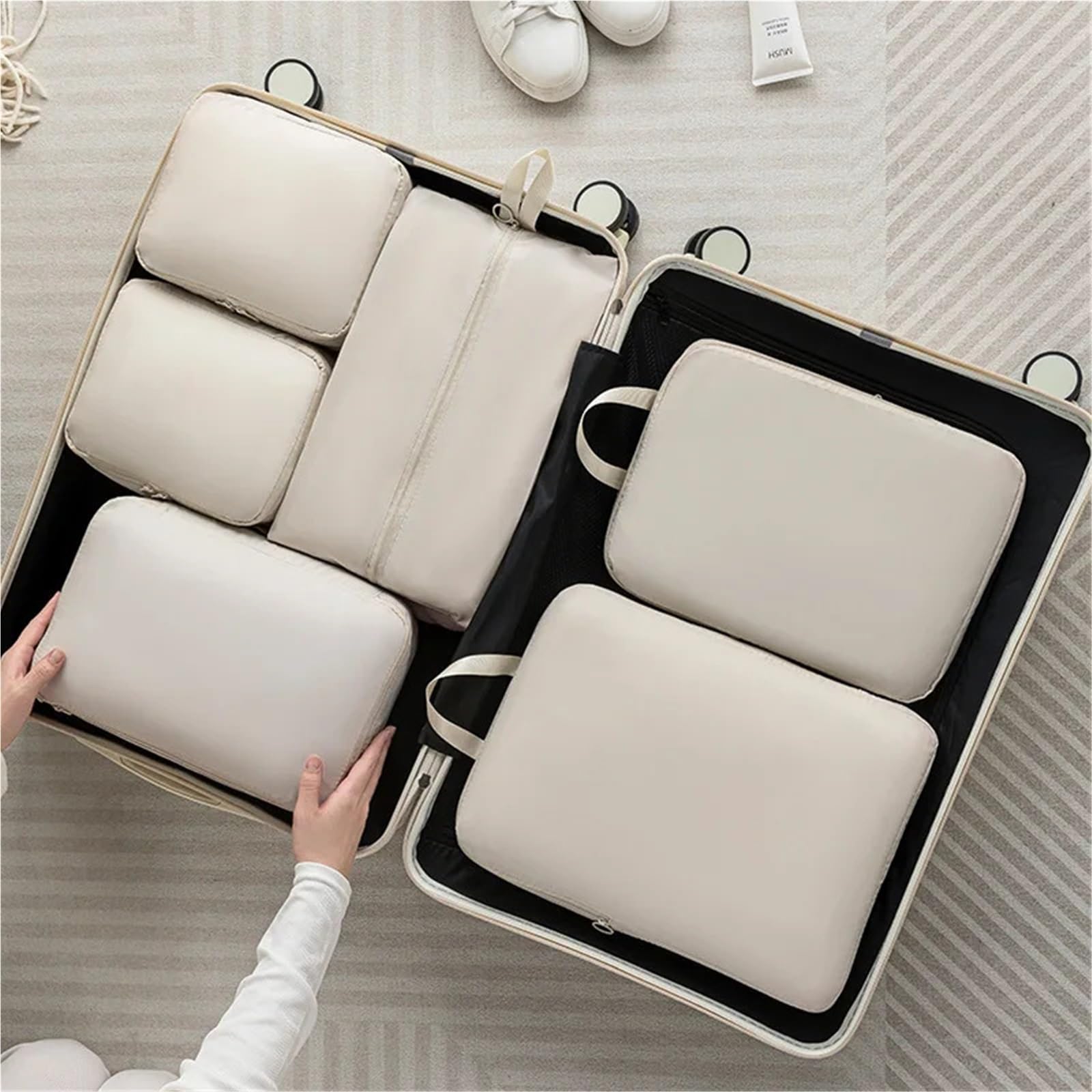 Cubos de embalaje comprimidos, bolsas viaje for zapatos, calcetines, ropa interior, sujetadores, maquillaje, almacenamiento, organizador portátil, suministros(Beige 6 pcs)