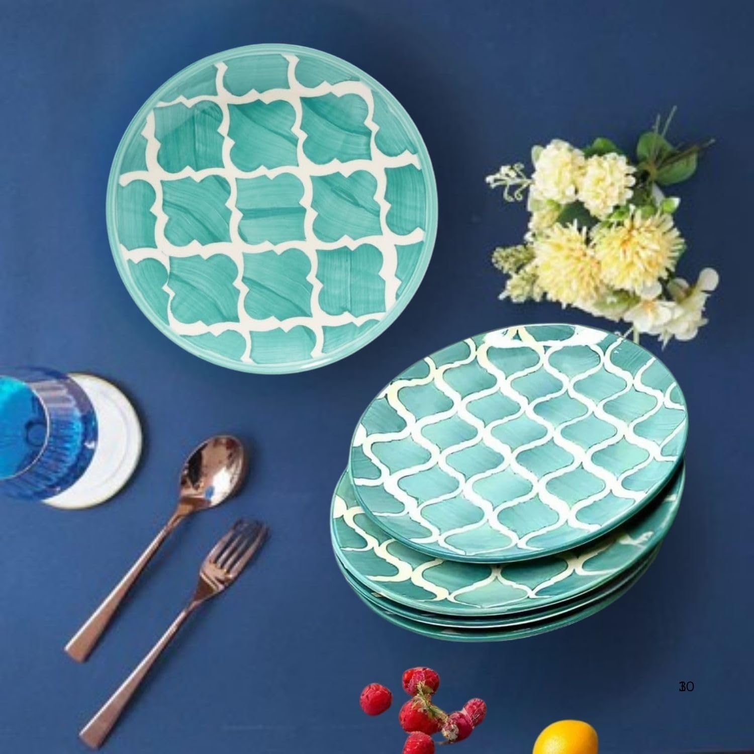 Kolorful Ceramic Moroccan Dinner Plates Pair Handpainted Decorative Porcelain Tableware for Dinner Serving Plate Thali Ceramic Plates for 20.5*cm, Microwave & Dishwasher Safe (Green, Set of 2) 4
