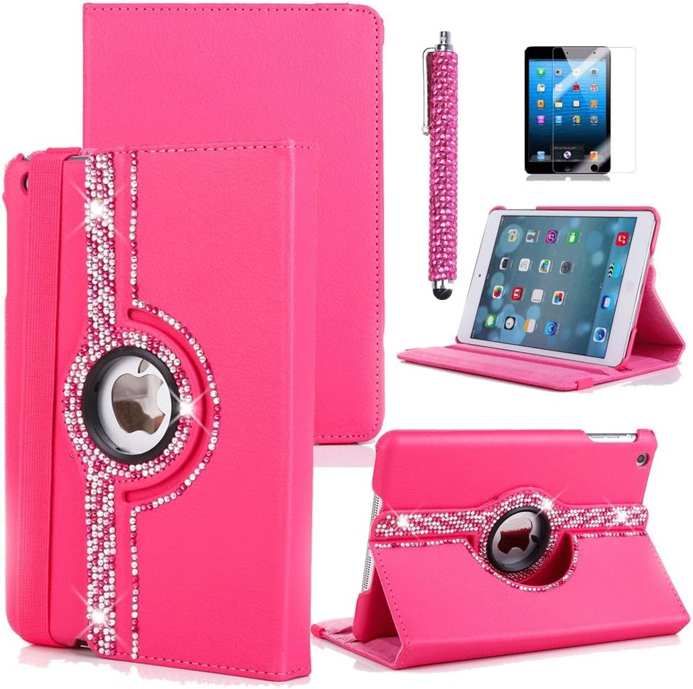 Aenmil General 360 Rotating Stand Handmade Bling Diamond&Rhinestone PU Leather Case Cover For Apple Ipad Mini / Mini 2 + 1 Free Diamond Touch Pen + 1 Free Phone Screen Protector Hot Pink