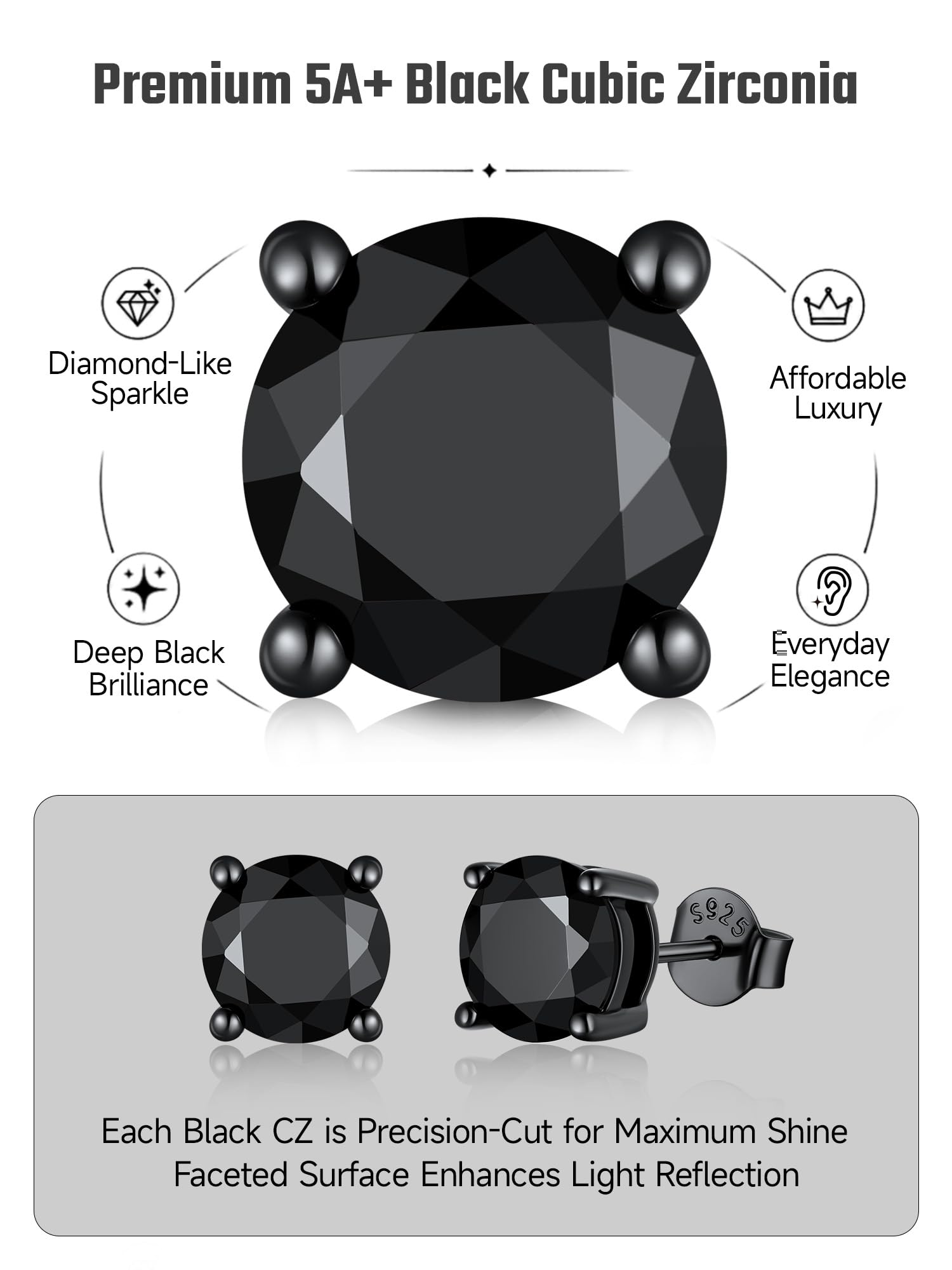 JustBeingCute - Pendientes de tuerca de plata de ley 925 con circonita cúbica negra para hombres y mujeres, hipoalergénicos, joyería de diamantes de imitación para regalos, 5-8 mm