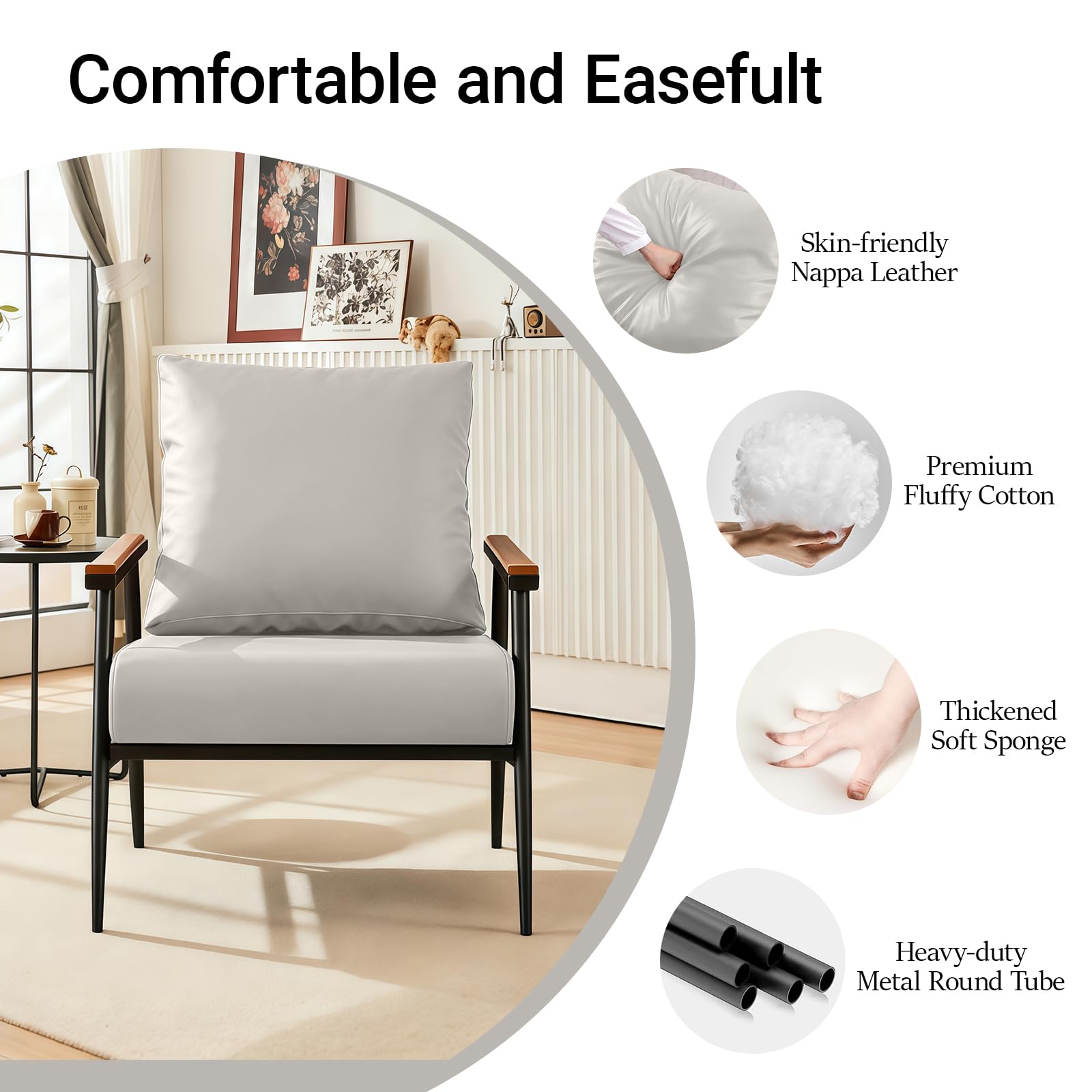 Silla decorativa, sillón de piel sintética con marco de metal, cómoda silla de lectura con cojines y reposabrazos de madera para sala de estar, dormitorio, comedor