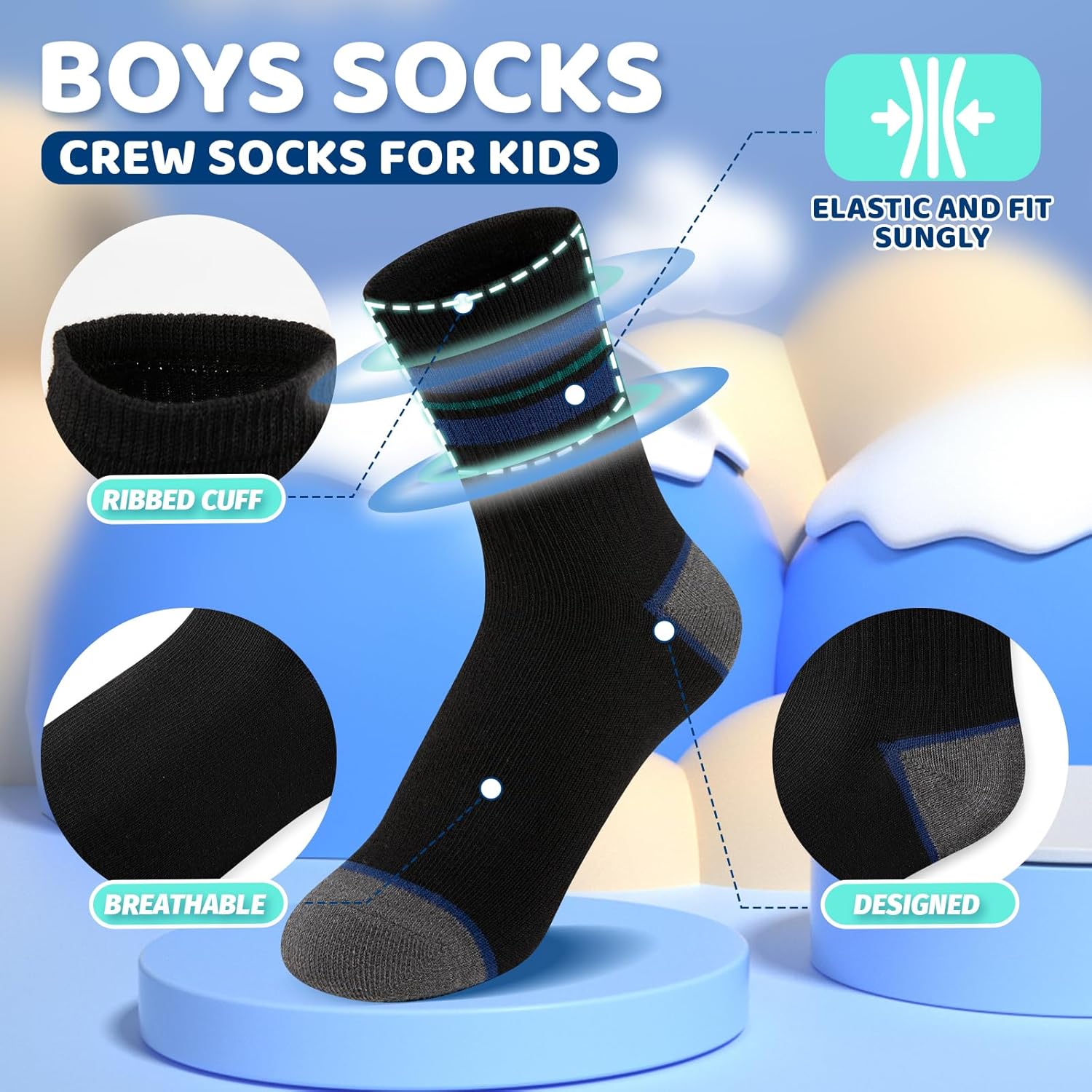 20 Pairs Boys Crew Socks, Black Socks for Kids, Multipack for Athletic School, 4-12 Years Old - Image 4