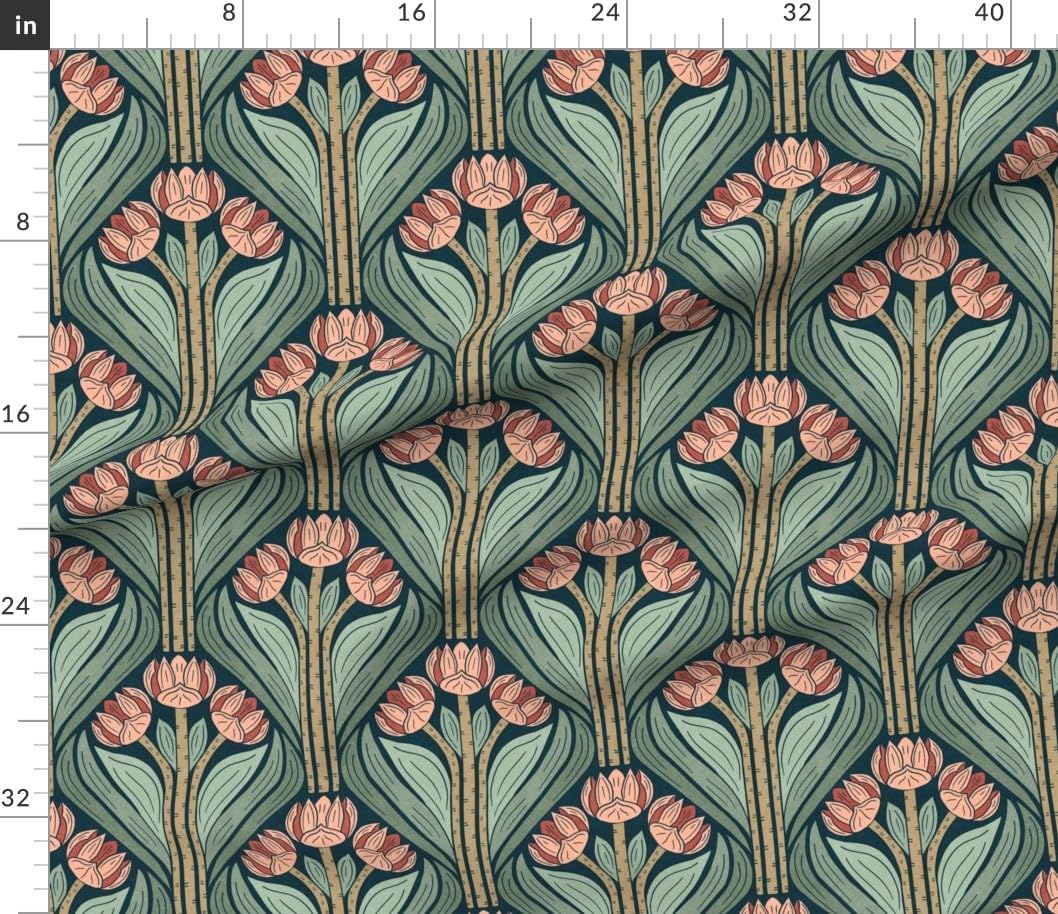 Spoonflower Fabric - Pink Floral Green Botanical Art Deco Damask Geranium Flower Printed on Petal Cotton Fabric by The Yard - Sewing Quilting Apparel Crafts Decor