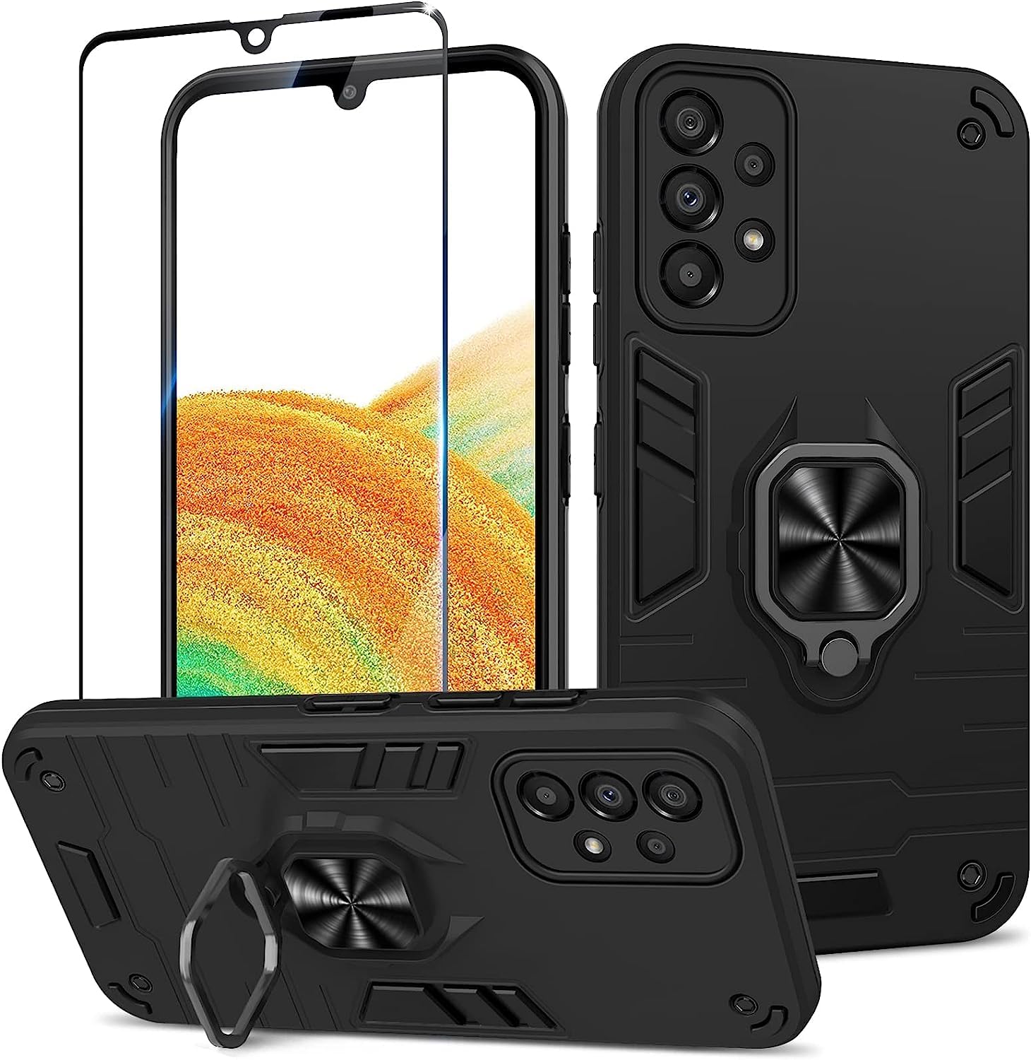 Funda para Samsung Galaxy A13 4G con Cristal Templado Protector Pantalla, Carcasa Antigolpes con Soporte anular metálico, Case Protectora de Grado Militar, Negro — view 245