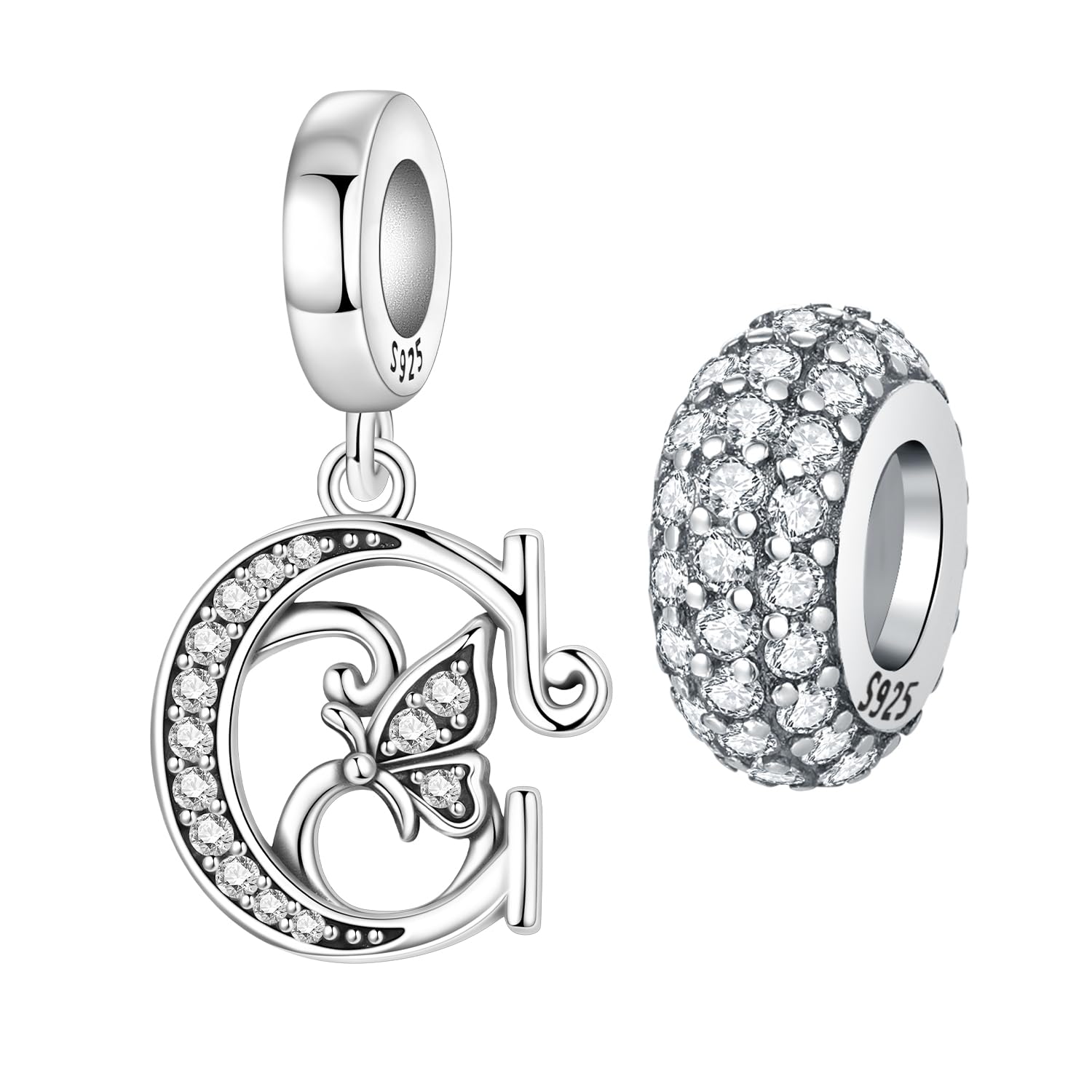 PANPOKI 2 Pack 925 Sterling Silver Butterfly Letter Charms for Bracelets and Necklace Alphabet Initial Dangle Pendants Round Spacer Beads Pave Cubic