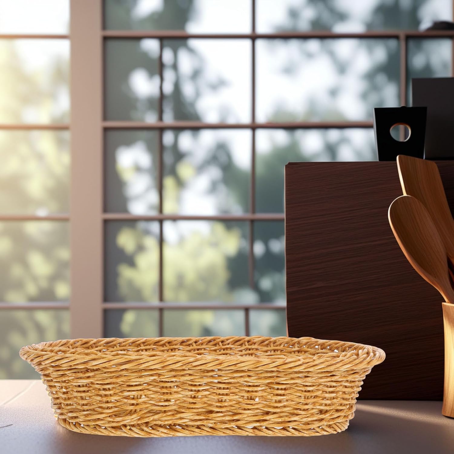 Alasum Plastic Woven Oval Bread Basket 27x18x6.5cm Rectangular Fruit Serving Tray Storage Basket for Kitchen Restaurant Food Display