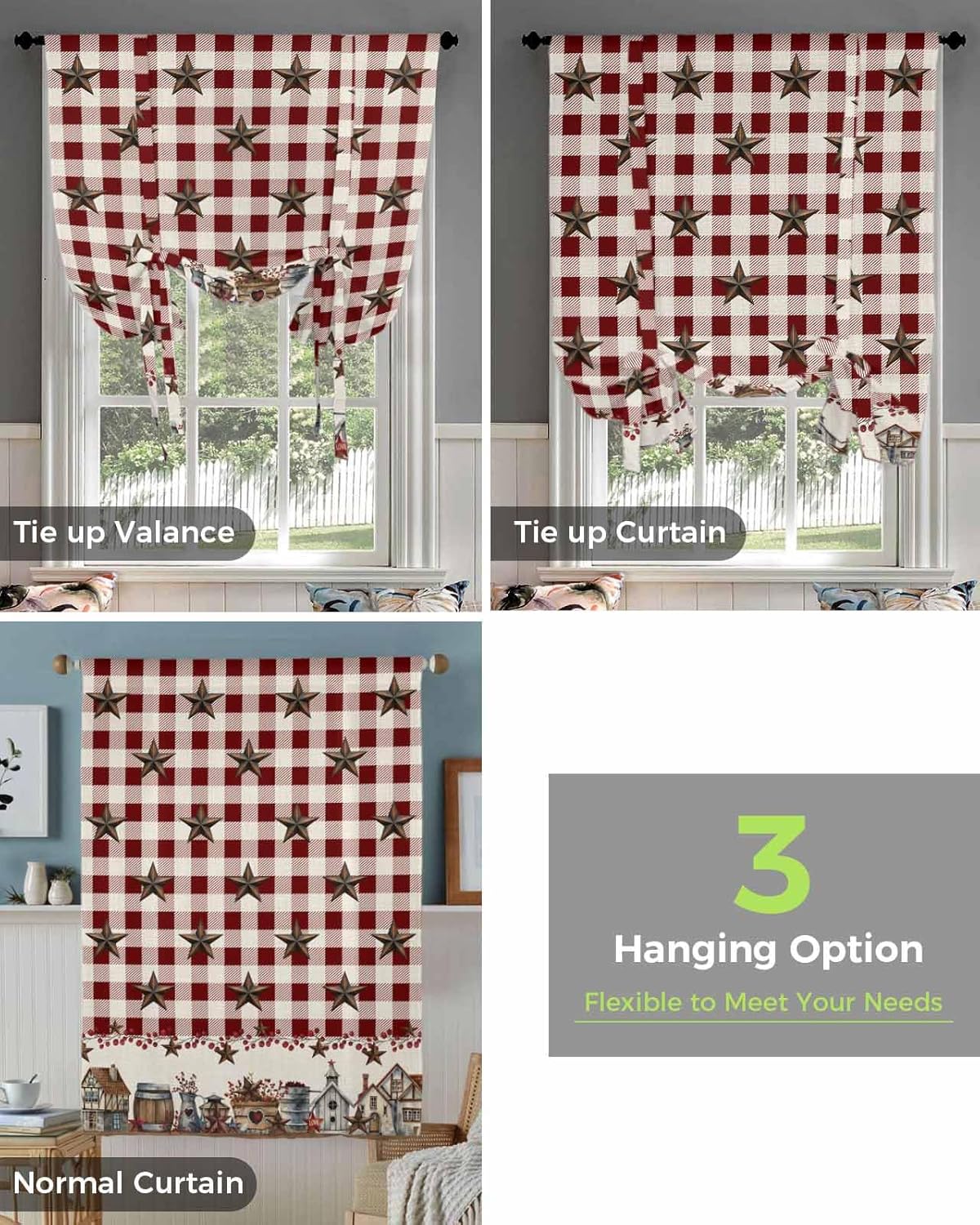 Farm Red Tie Up Curtains for Kitchen Bedroom Living Room Windows, Brown Western Texas Star Red Plaid Country Adjustable Tie-Up Shade Rod Pocket Curtain Valance Drape 1 Panel 52" x 63"