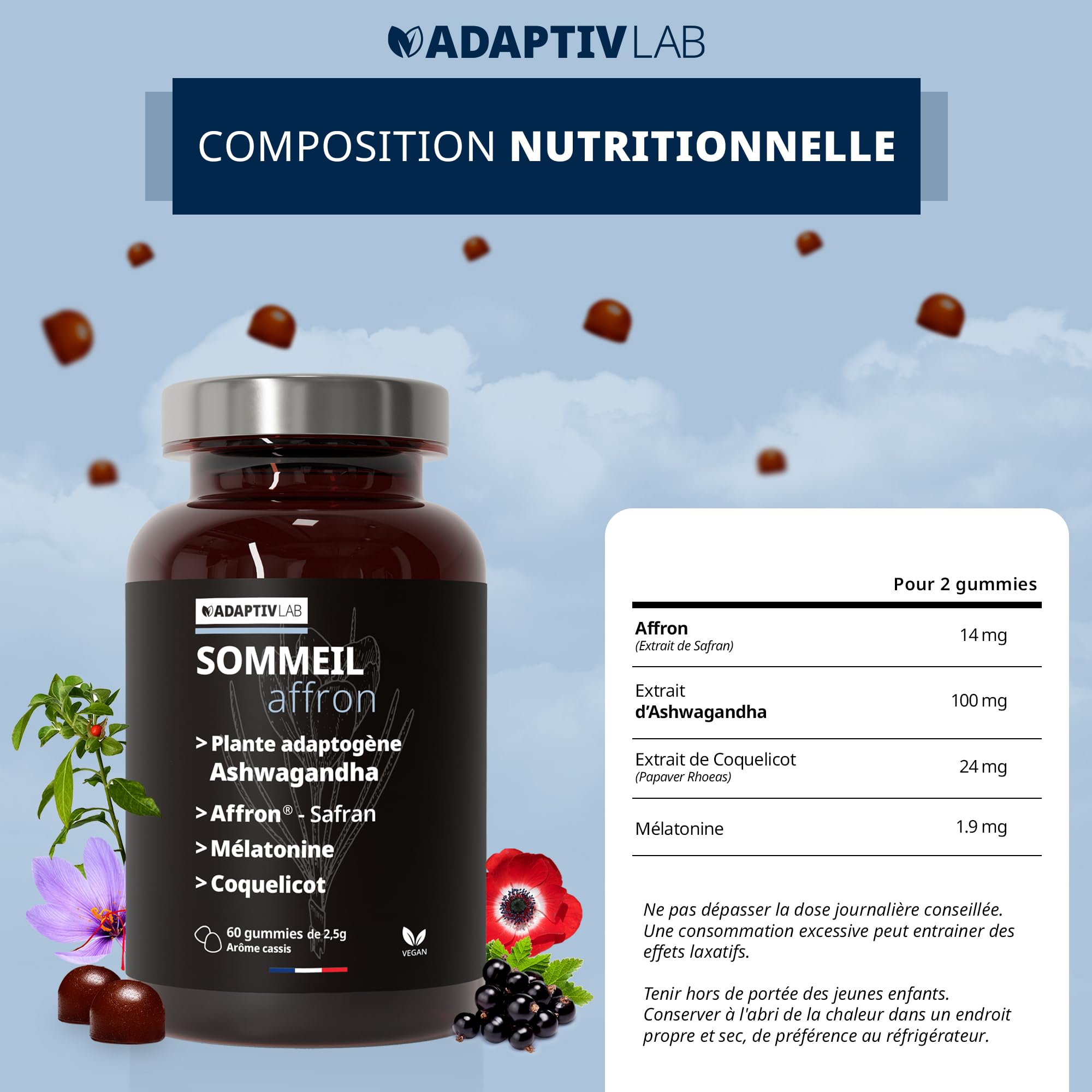 AFFRON - 60 Gummies Sommeil - Vegan et Végétarien Arôme Cassis Complement Alimentaire Adulte con Ashwagandha et Melatonine 1,9 mg Fabrique en France