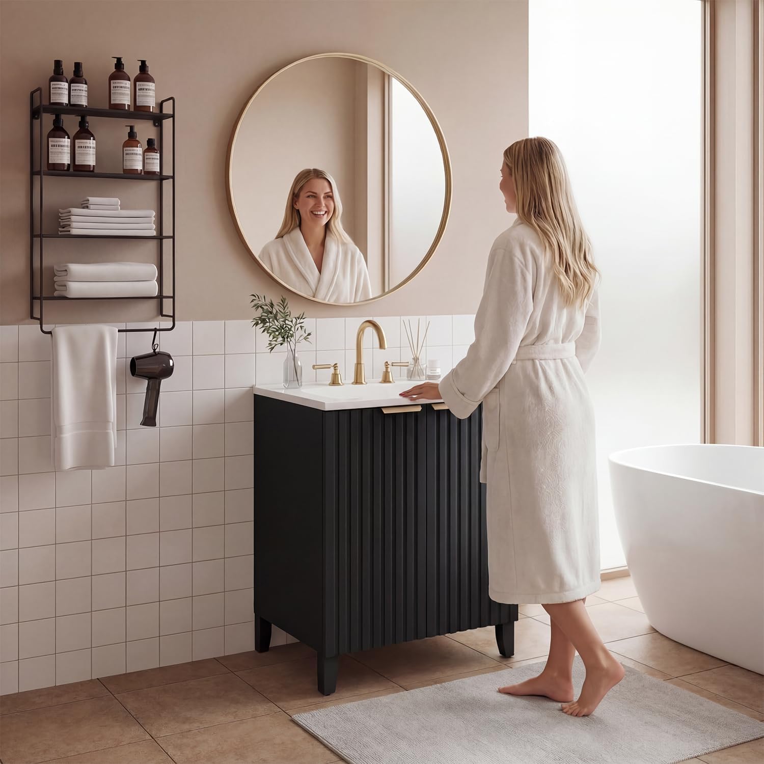 24 Inch Bathroom Vanity with Sink, Freestanding Bathroom Sink Cabinet with Soft-Close Doors, Fluted Design Modern Vanity Combo Set for Small restroom