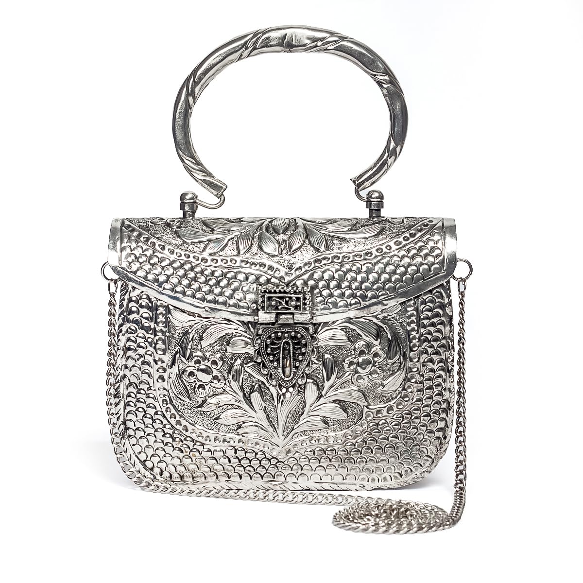 German Silver bags for Women's/Girls Brass Metal Vintage Handmade Hand Clutch Purse (Silver)-image-27