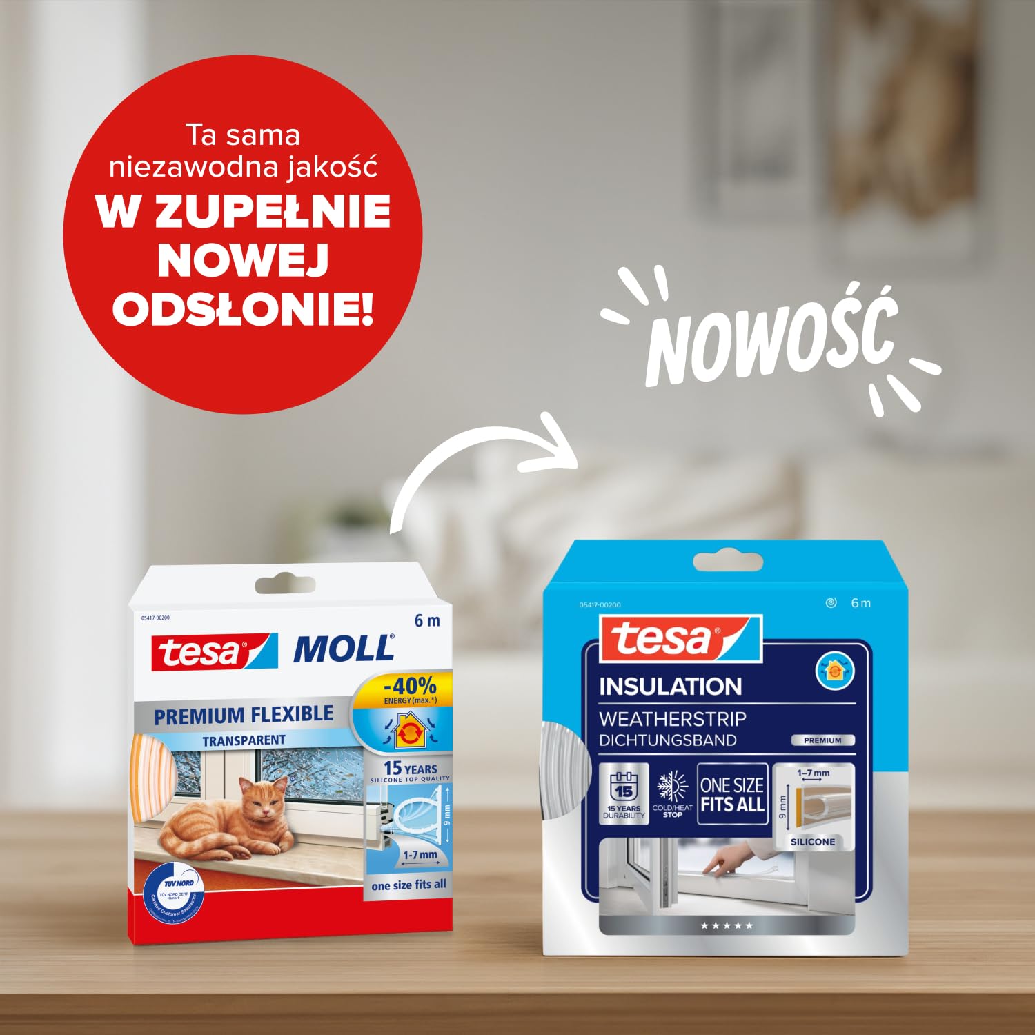 tesa INSULATION Premium taśma uszczelniająca - Samoprzylepna silikonowa uszczelka do izolacji szczelin w oknach i drzwiach - Przezroczysta - 6 m x 9 mm x 7 mm